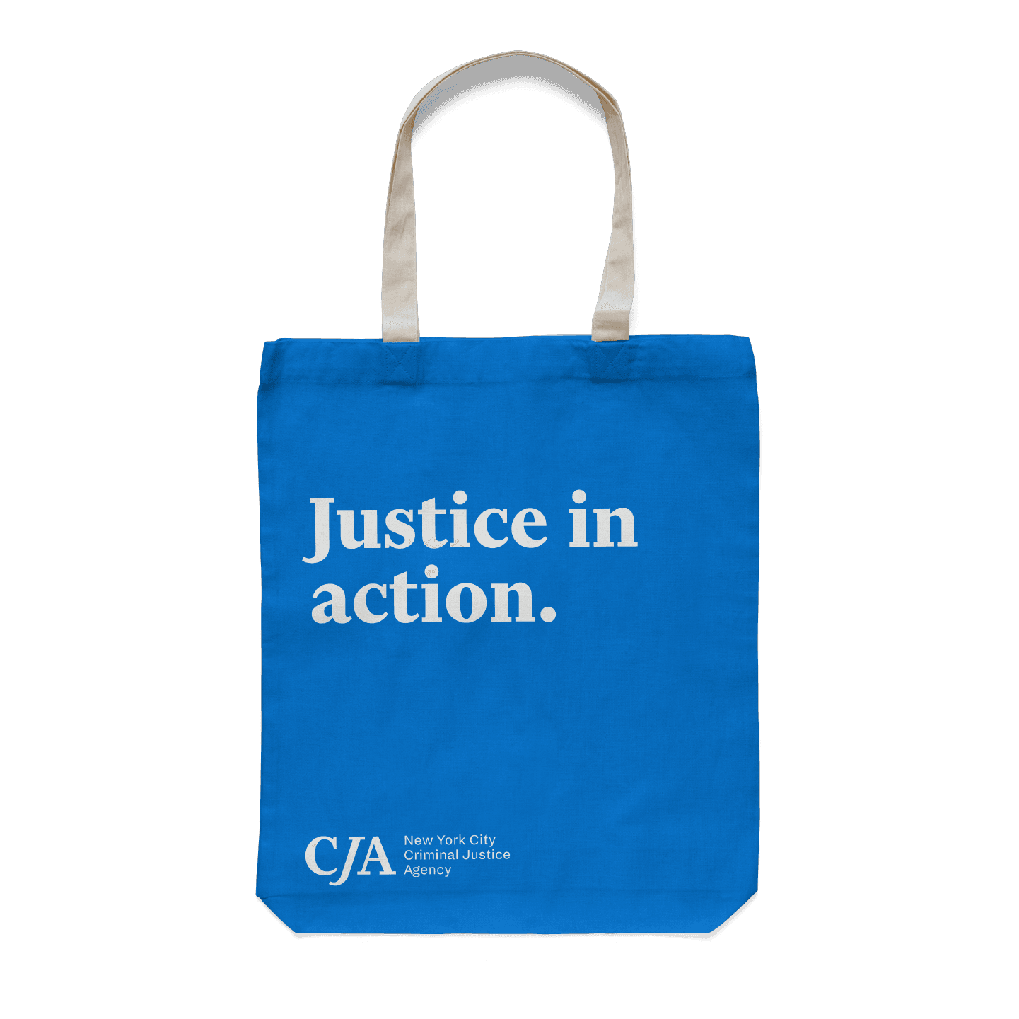 A blue tote bag with white handles and text that reads "Justice in action." The bottom of the bag features the logo and text: "CJA New York City Criminal Justice Agency." The background is solid green.