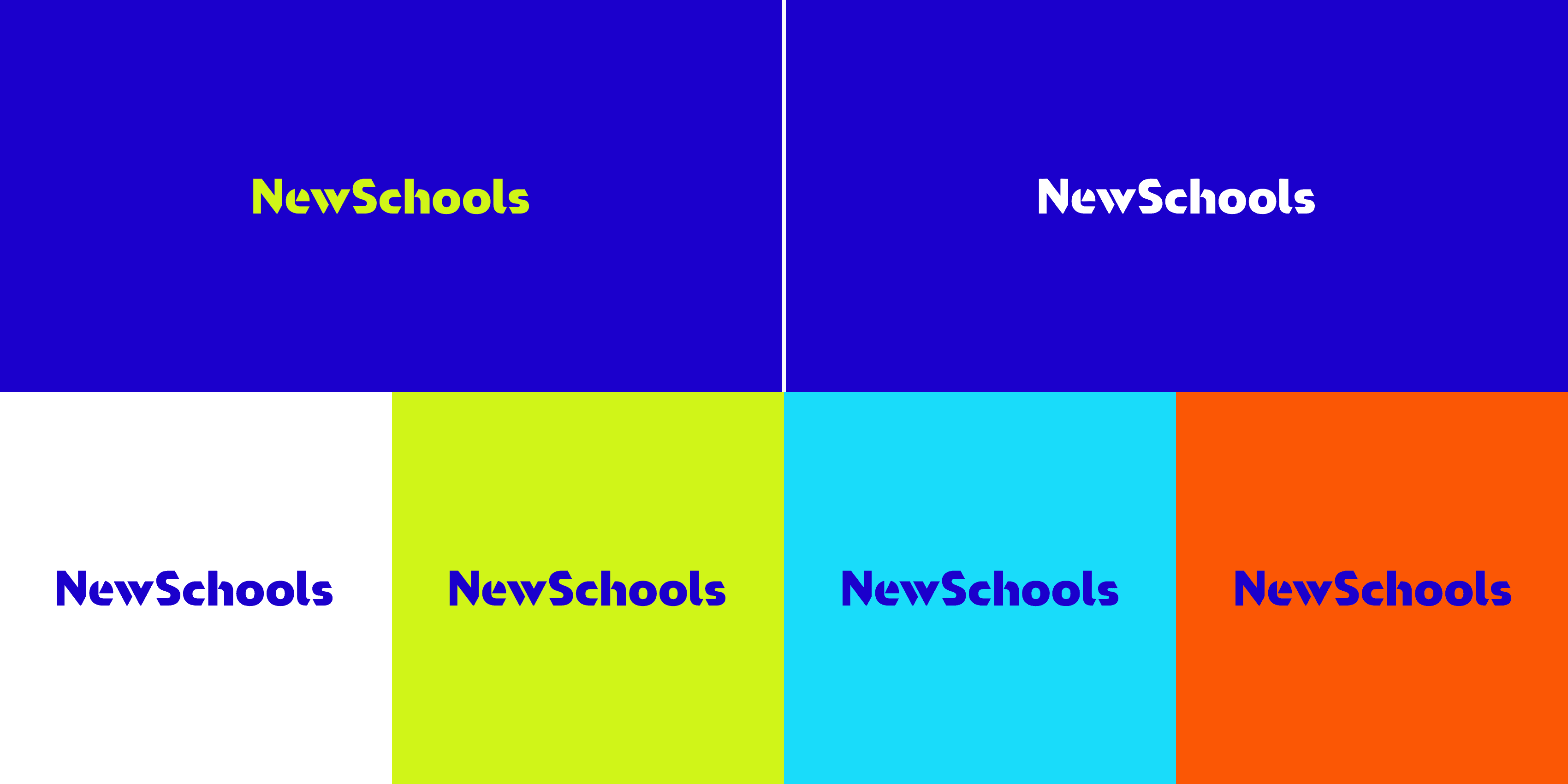 An image showing different color variations of the 'NewSchools' logo. The first row has blue backgrounds with 'NewSchools' in yellow-green and white text. The second row has white, yellow-green, blue, and orange backgrounds with 'NewSchools' in blue text.