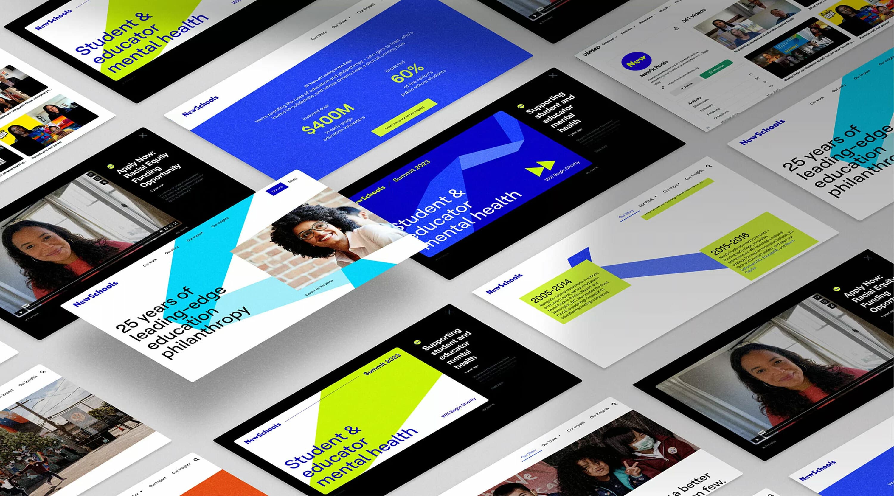 A collage featuring various screenshots of a website emphasizing student and educator mental health, philanthropy, and innovation. The images include vibrant color schemes, text about mental health and philanthropy, and photos of people, likely educators and students.