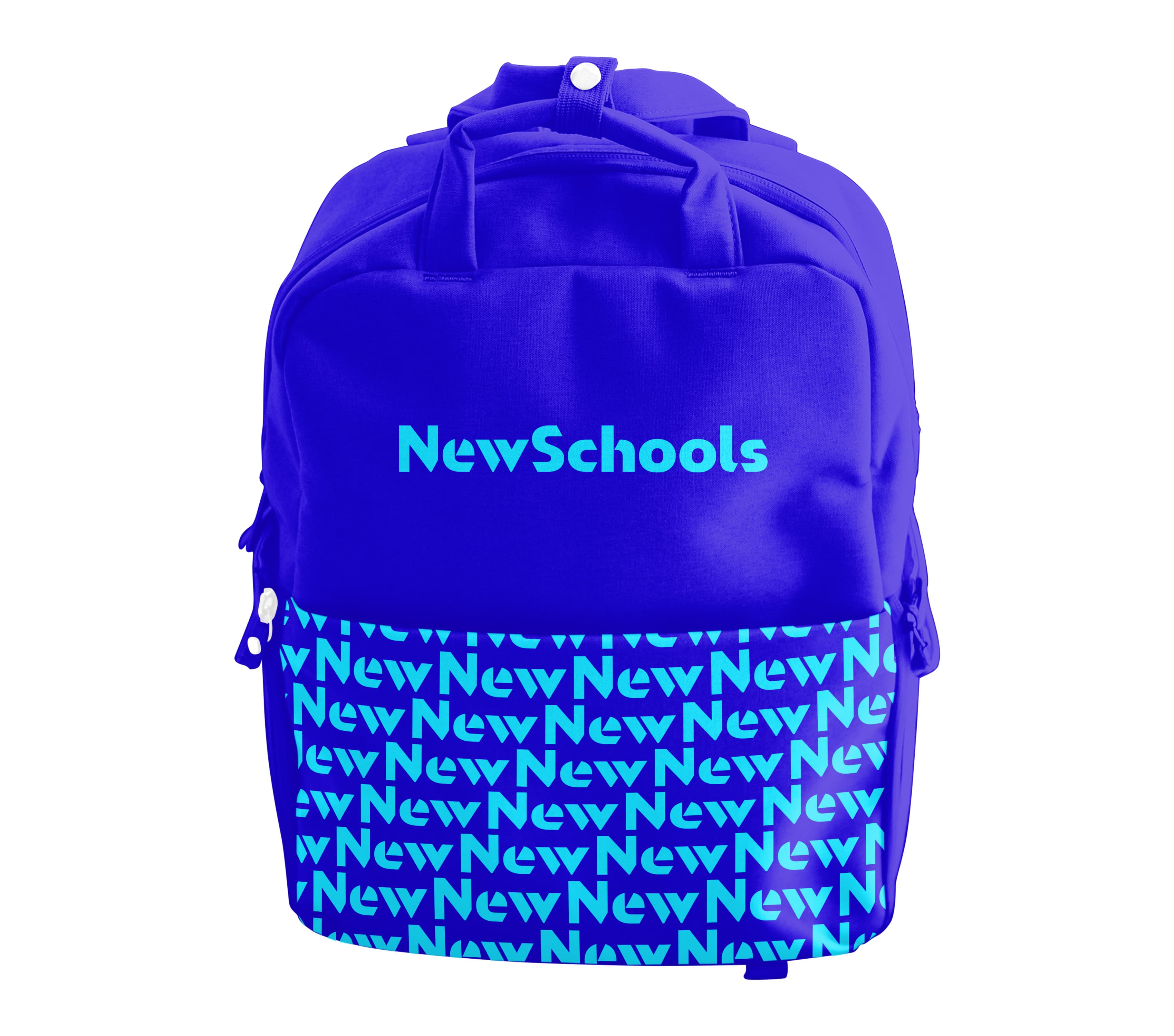 A blue backpack with the "NewSchools" logo written on the upper section and the word "New" repeatedly patterned on the lower section. The backpack has multiple compartments and zippers, and white background.