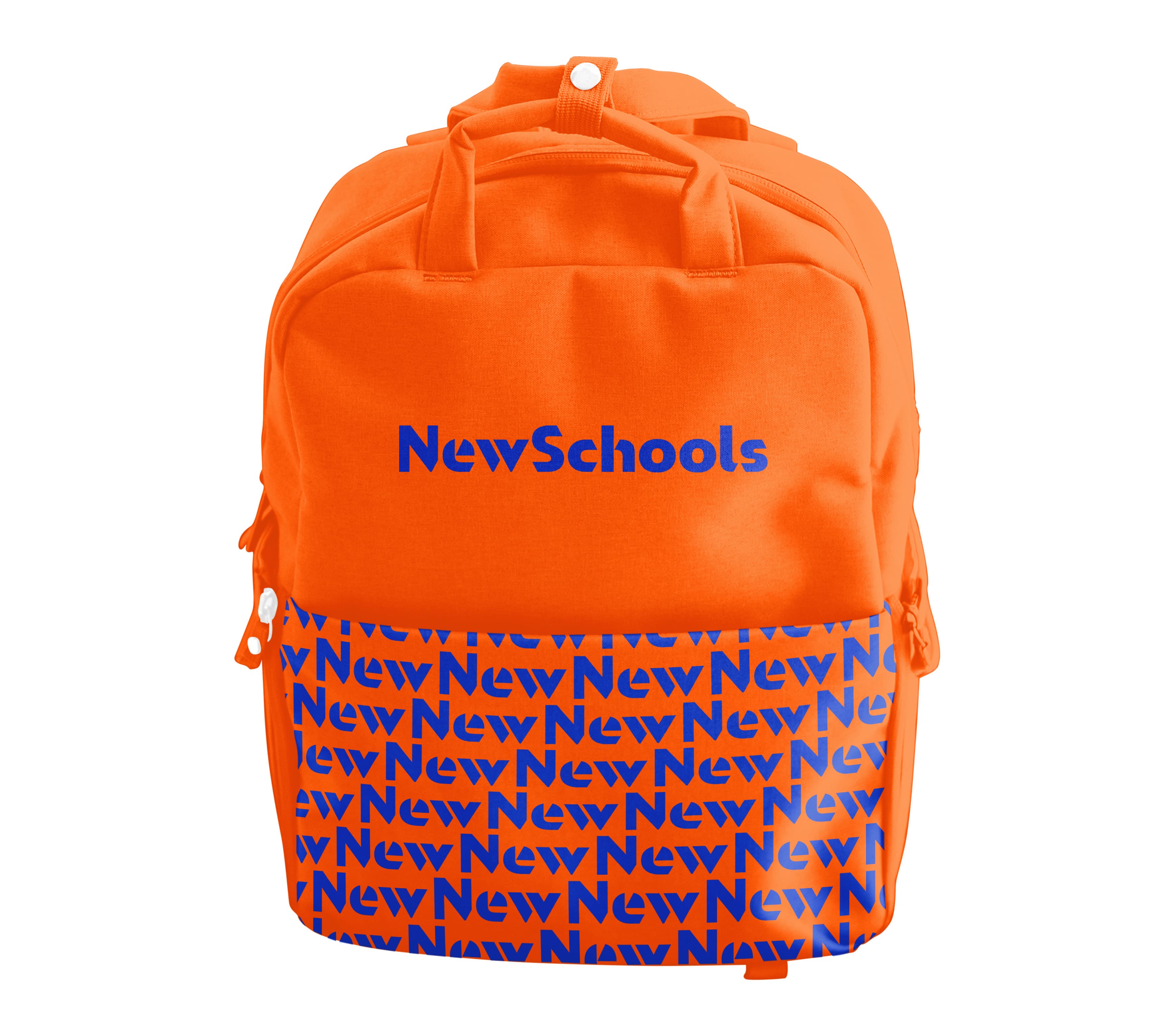 Orange backpack with "NewSchools" written in blue on the upper section. The lower section has a repeating "New" pattern in blue.