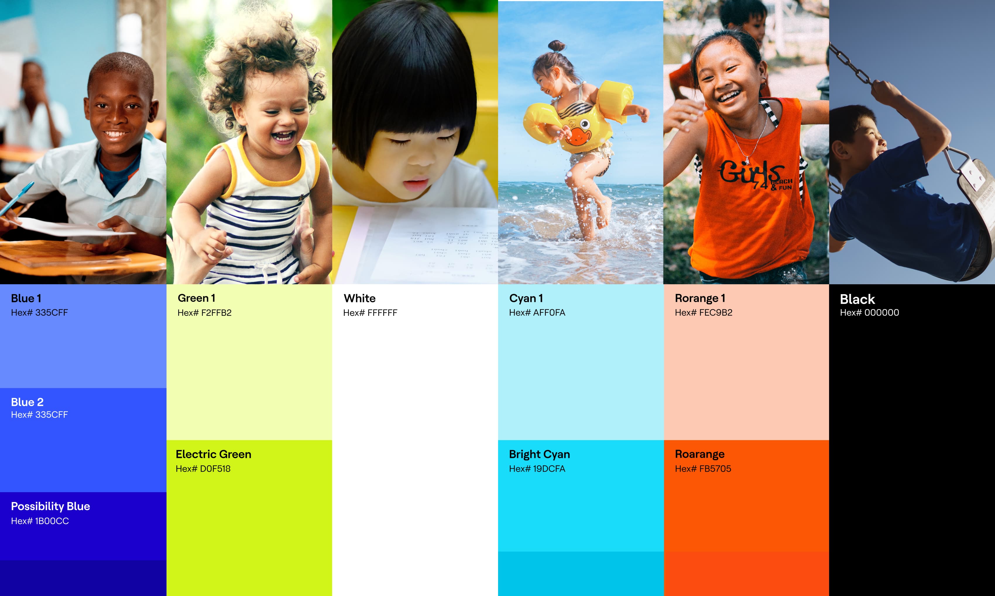A vibrant collage shows children engaging in various joyful activities, paired with different color swatches including Blue, Green, White, Cyan, and Black. The children are playing, smiling, and having fun in outdoor and indoor settings.