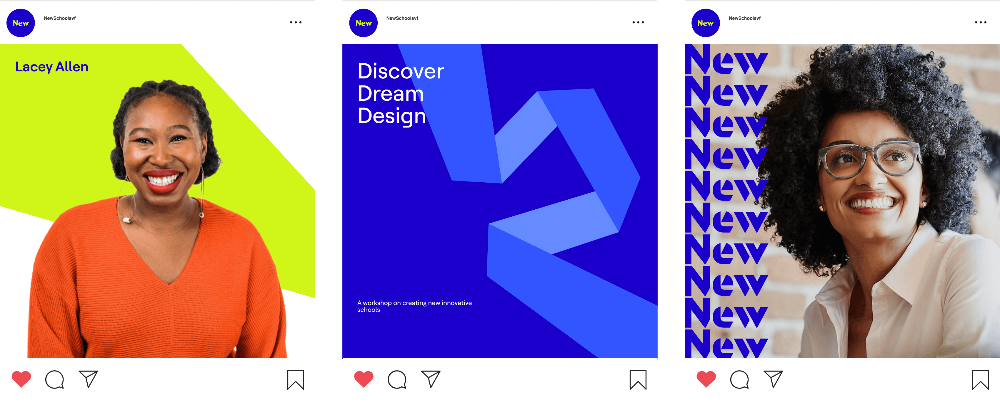 Three Instagram posts. The first features a smiling woman in an orange shirt with text "Lacey Allen." The second has the text "Discover Dream Design" on a blue background with abstract shapes. The third shows a smiling woman with curly hair and glasses with repeated text "New.