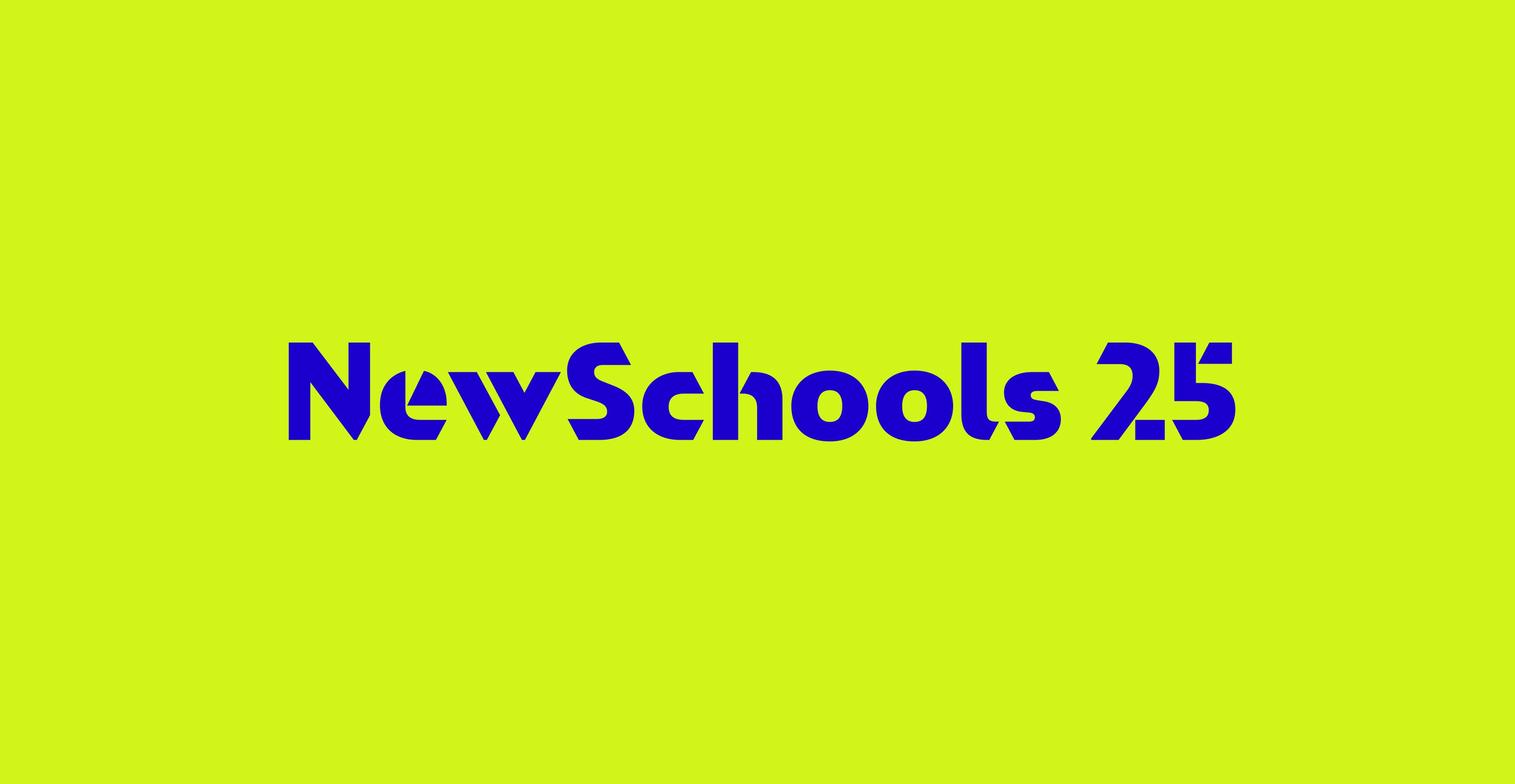 The image features the text "NewSchools 2.5" in bold, blue typography against a vibrant lime green background.