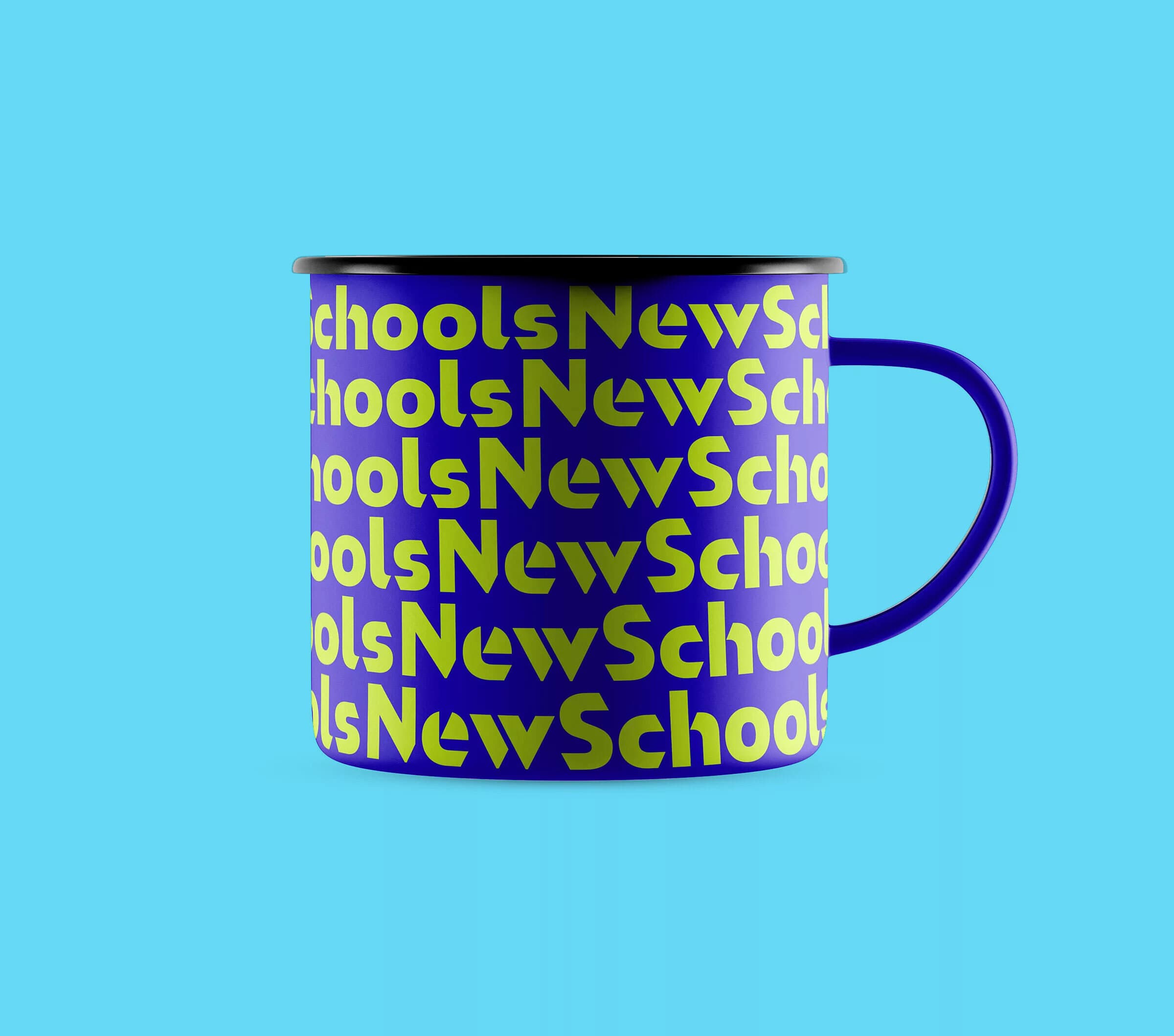 A blue mug with a dark blue handle on a light blue background. The mug is covered with the repeating yellow text "New Schools" in a bold, all-caps font.