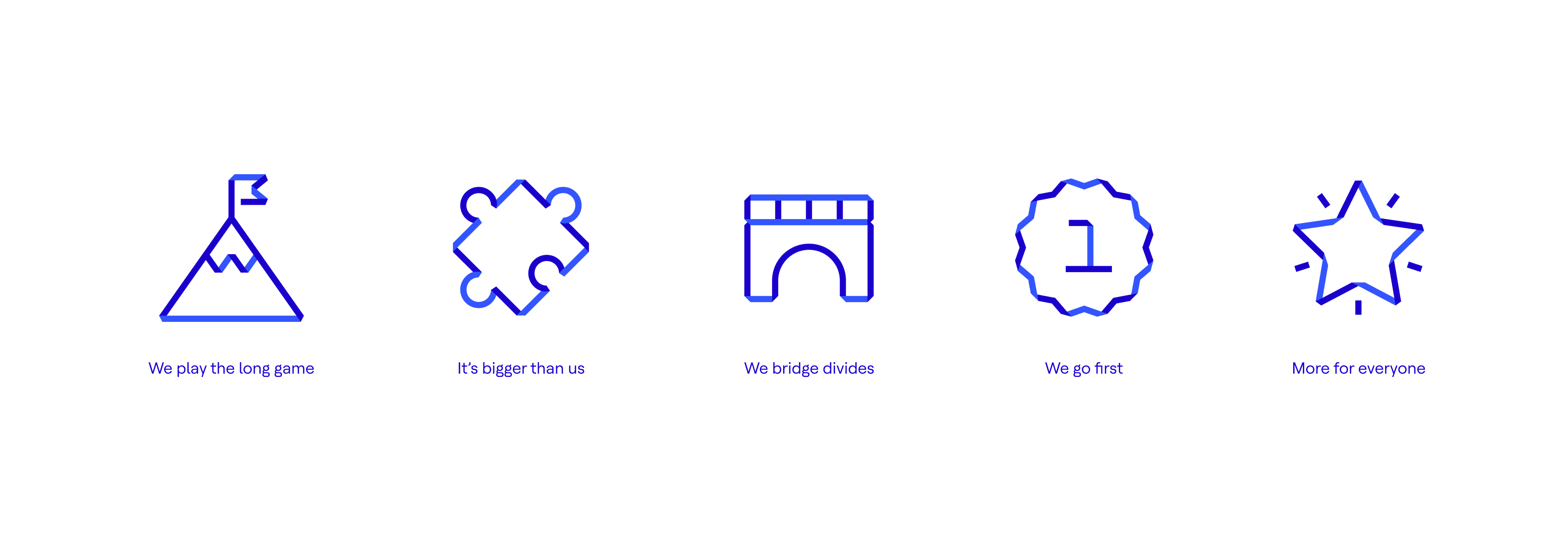 A set of five icons with captions: a flag on a mountain ("We play the long game"), a puzzle piece ("It's bigger than us"), a bridge ("We bridge divides"), a number one in a badge ("We go first"), and a star ("More for everyone").