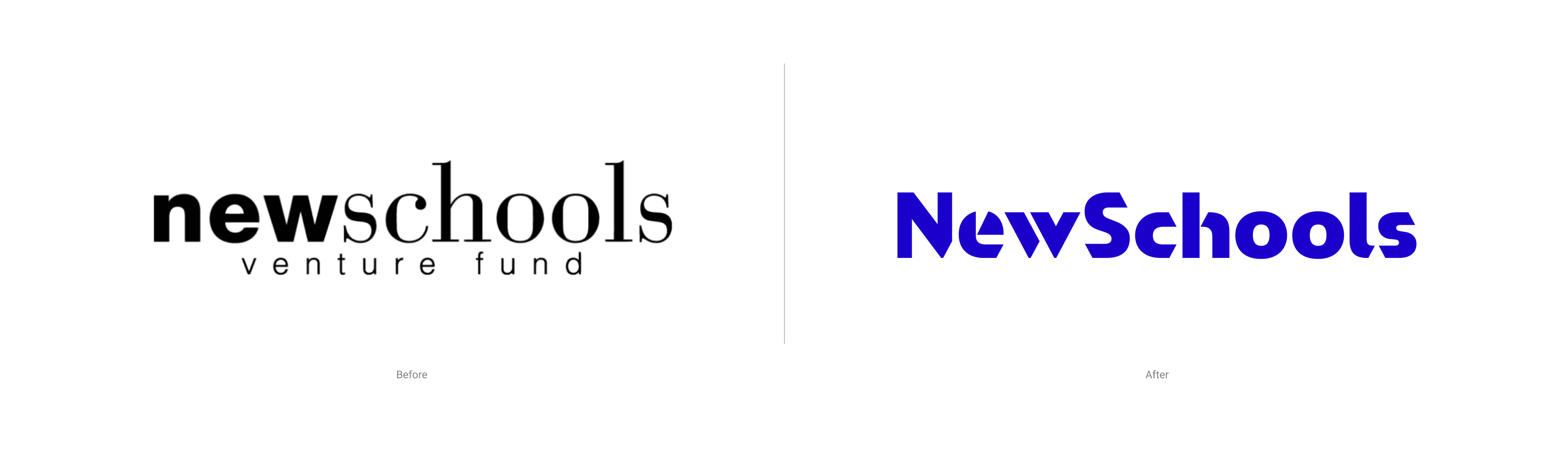 The image displays two logos for "NewSchools Venture Fund." The first logo on the left features a distressed, black typewriter-style font. The second logo on the right uses a modern, blue sans-serif font.