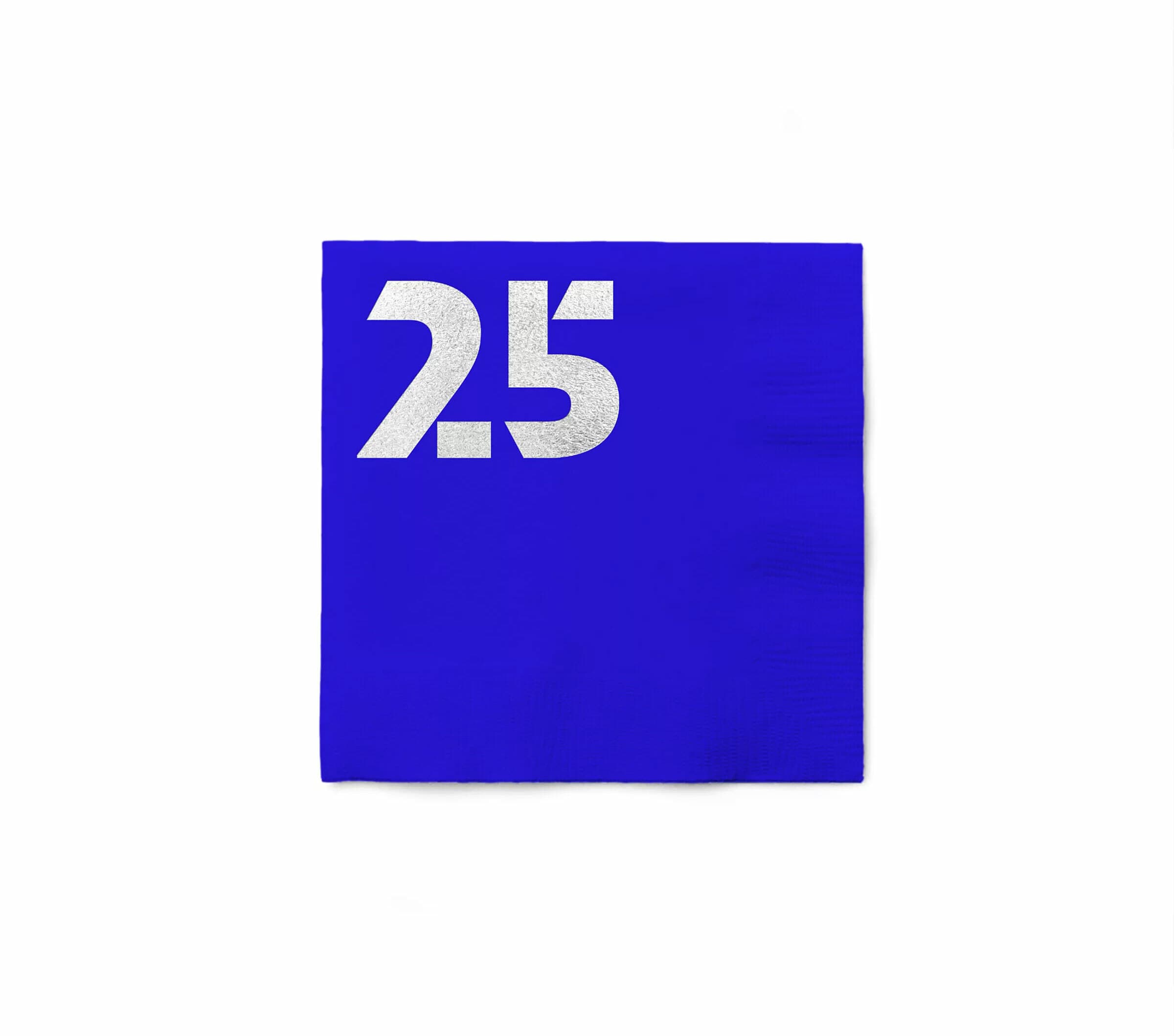 A bright blue napkin with the number "25" printed in bold, white font in the top left corner. The background is plain white, making the napkin the focal point of the image.