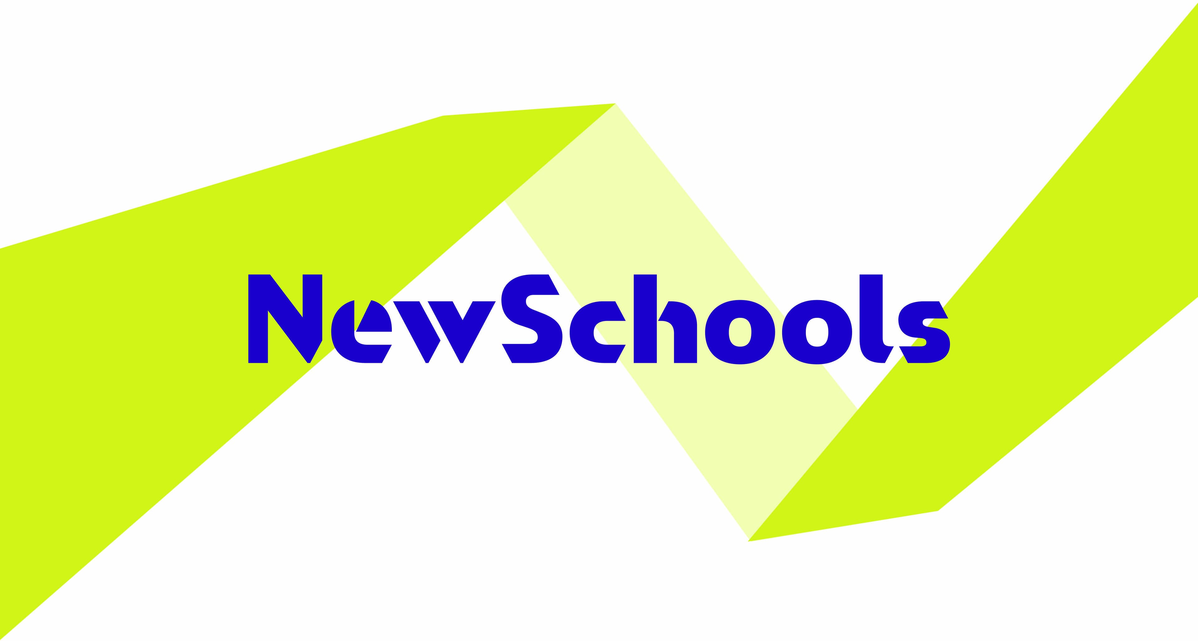 The image features the logo of "NewSchools" with the text in bold blue against a background of intersecting bright yellow and lime green geometric shapes.