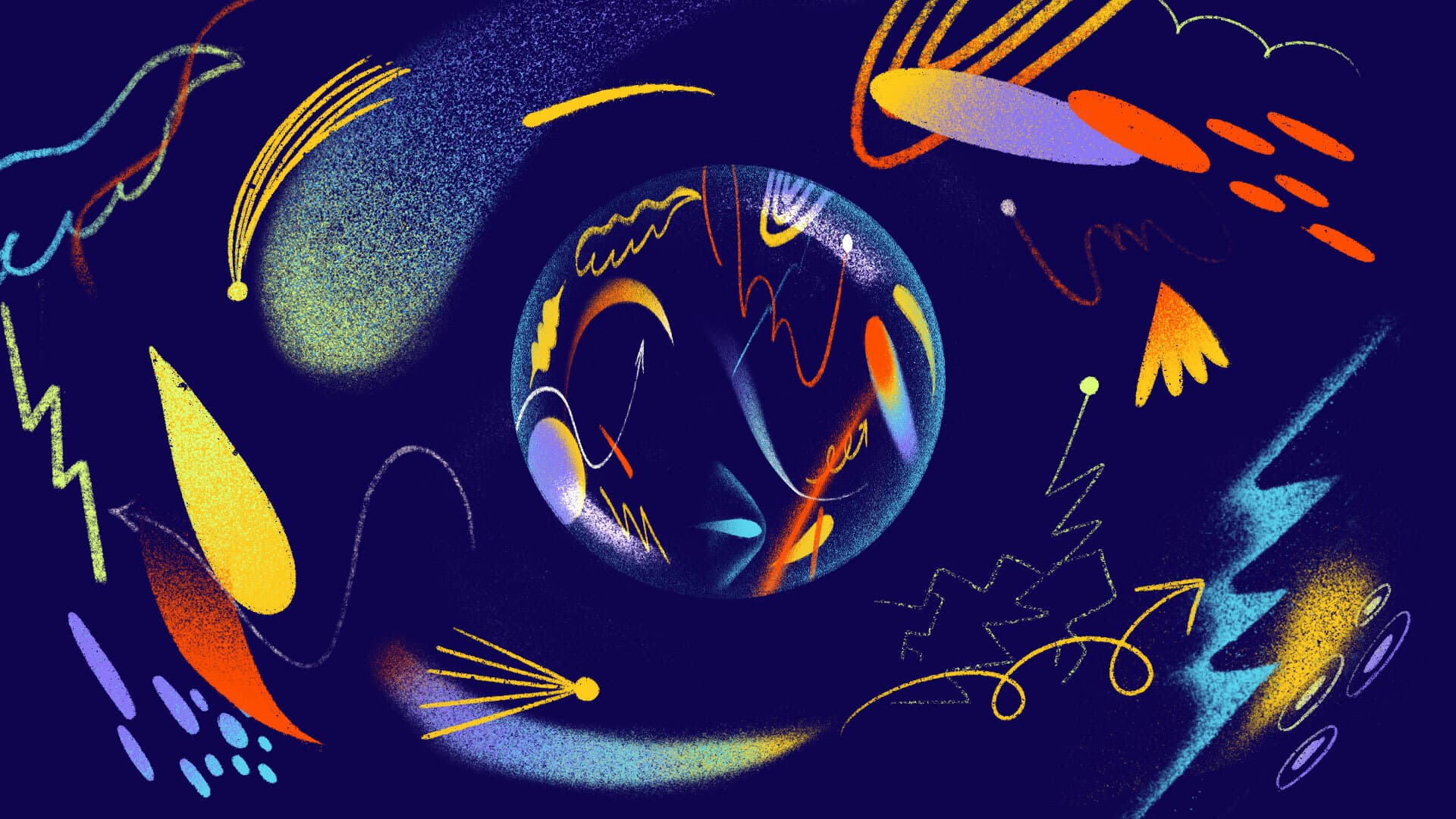 A digitally illustrated abstract scene with a swirling mix of vibrant colors on a dark background. The image features various shapes like comets, arrows, zigzags, and wavy lines in bright shades of yellow, orange, blue, and purple converging around a central sphere.