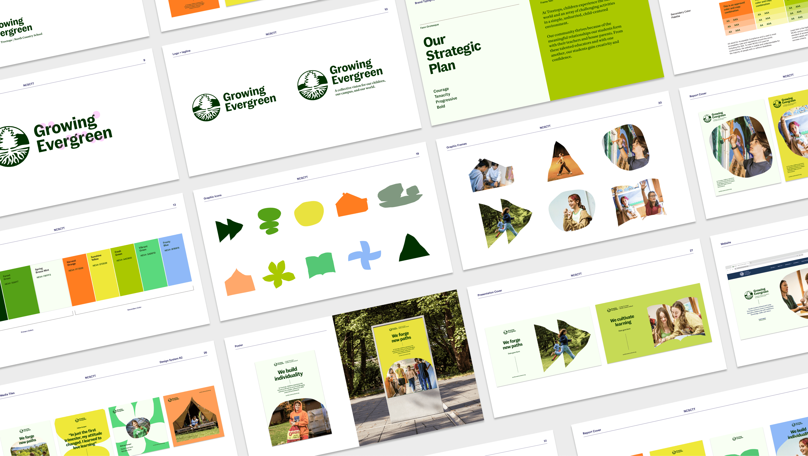 A collage of presentation slides for "Growing Evergreen," featuring branding elements, strategic plans, colorful graphs, and photos of people. Designs include logos, icons, and text discussing strategic objectives and marketing visuals.