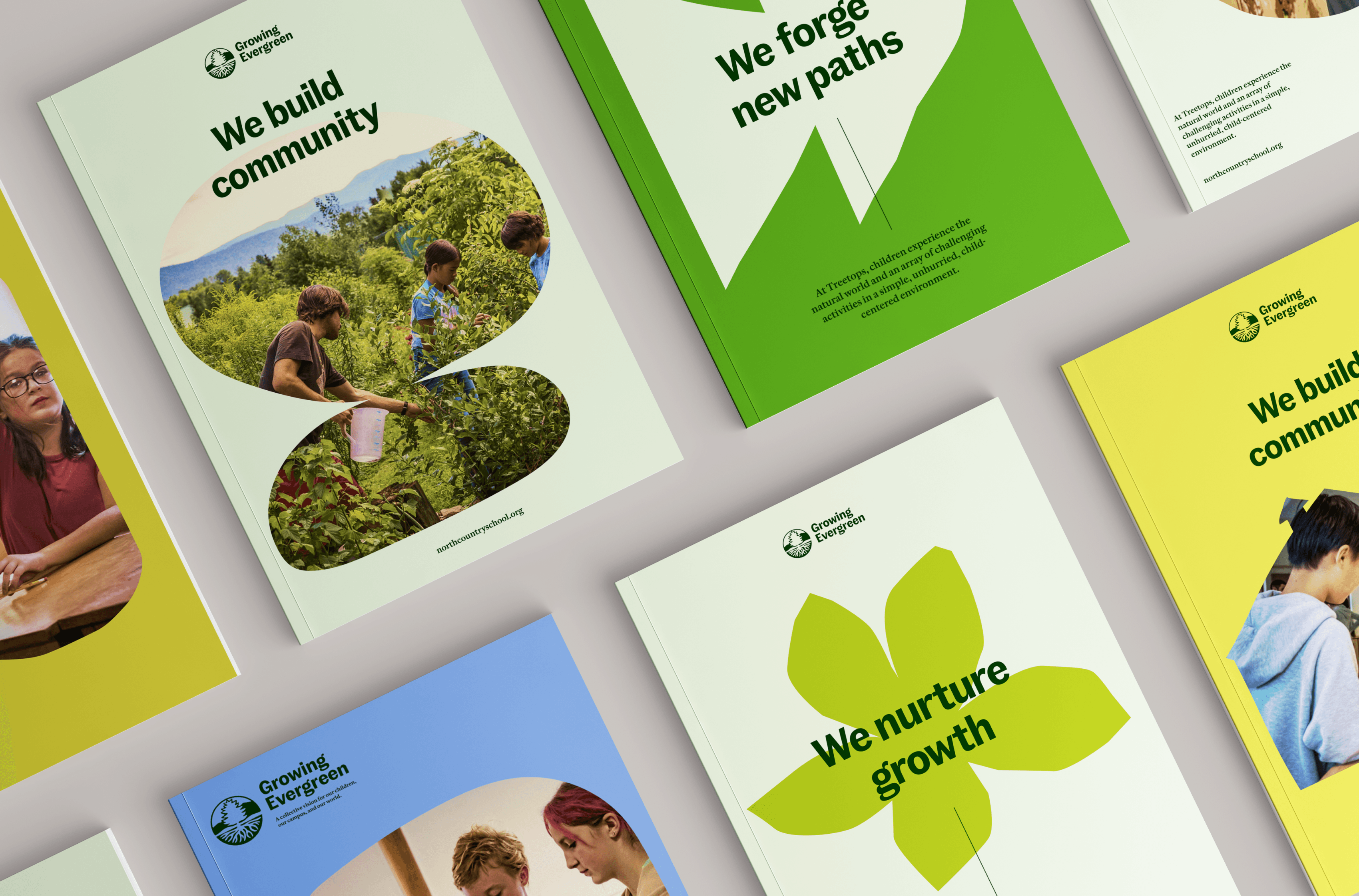 Brochures displayed on a table feature phrases like "We build community," "We nurture growth," and "We forge new paths." Each cover has nature-themed colors and images of people engaging in outdoor activities.