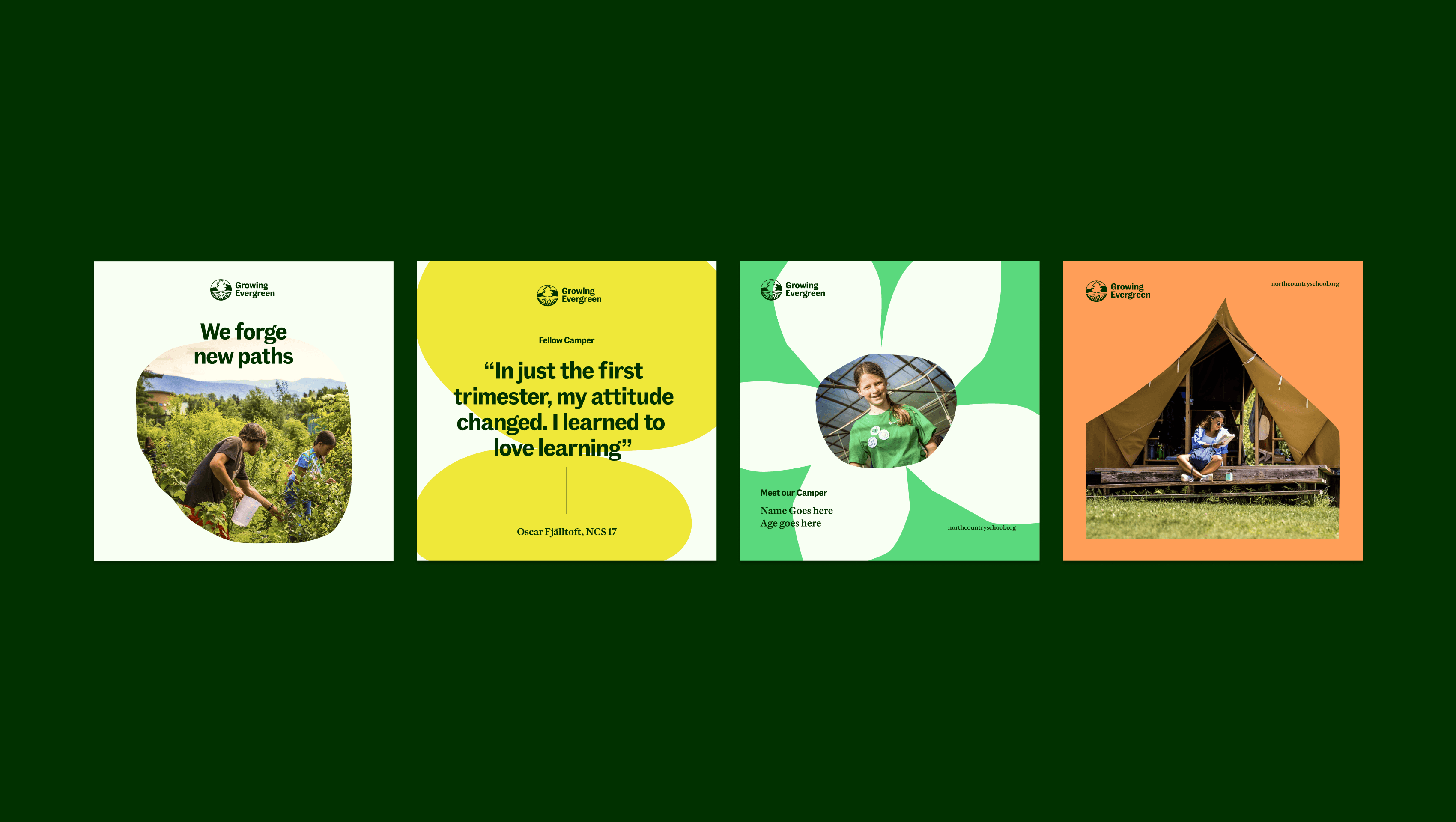 Four images on a green background: 1) Two people working in a garden, text "We forge new paths". 2) A quote about loving learning. 3) A student in a green shirt holding science equipment. 4) A person sitting in front of a tan tent.