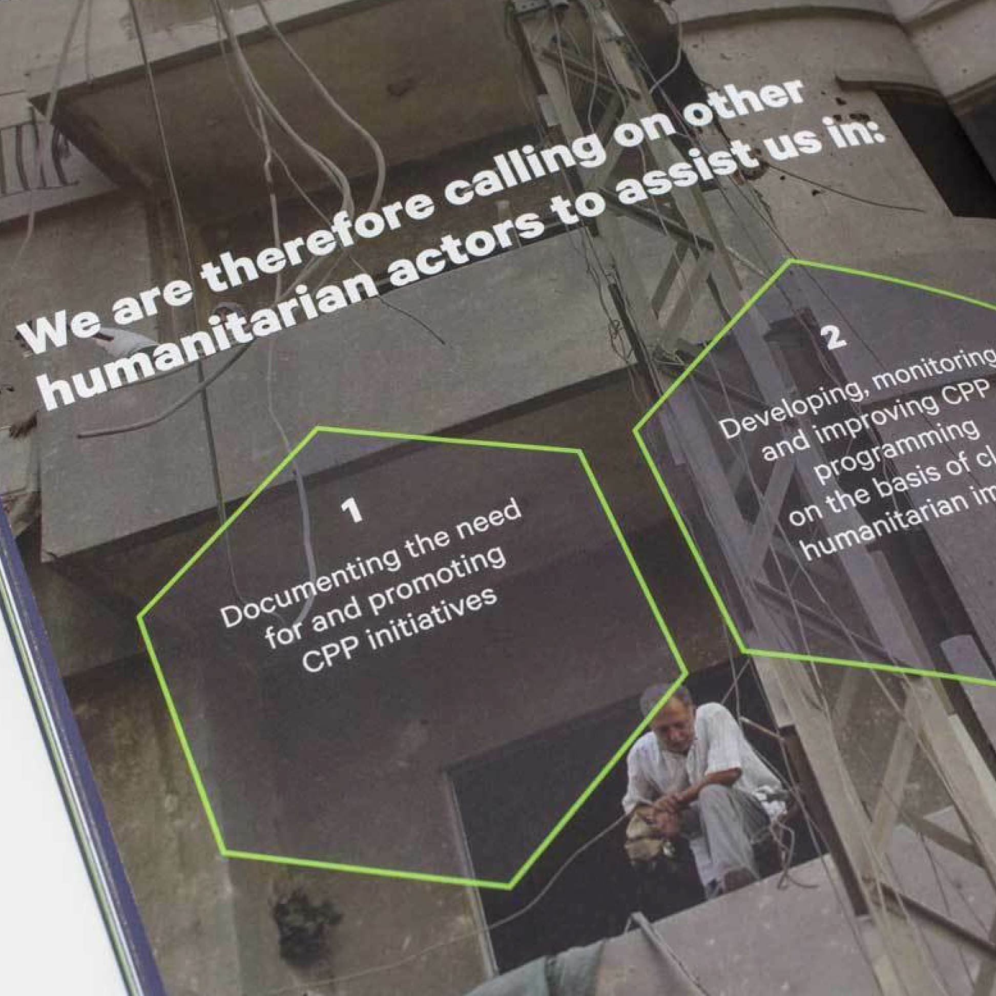 An open booklet shows a person working amidst a partially destroyed building, with text overlay that reads, "We are therefore calling on other humanitarian actors to assist us in:" followed by two outlined points on documenting and developing CPP initiatives.