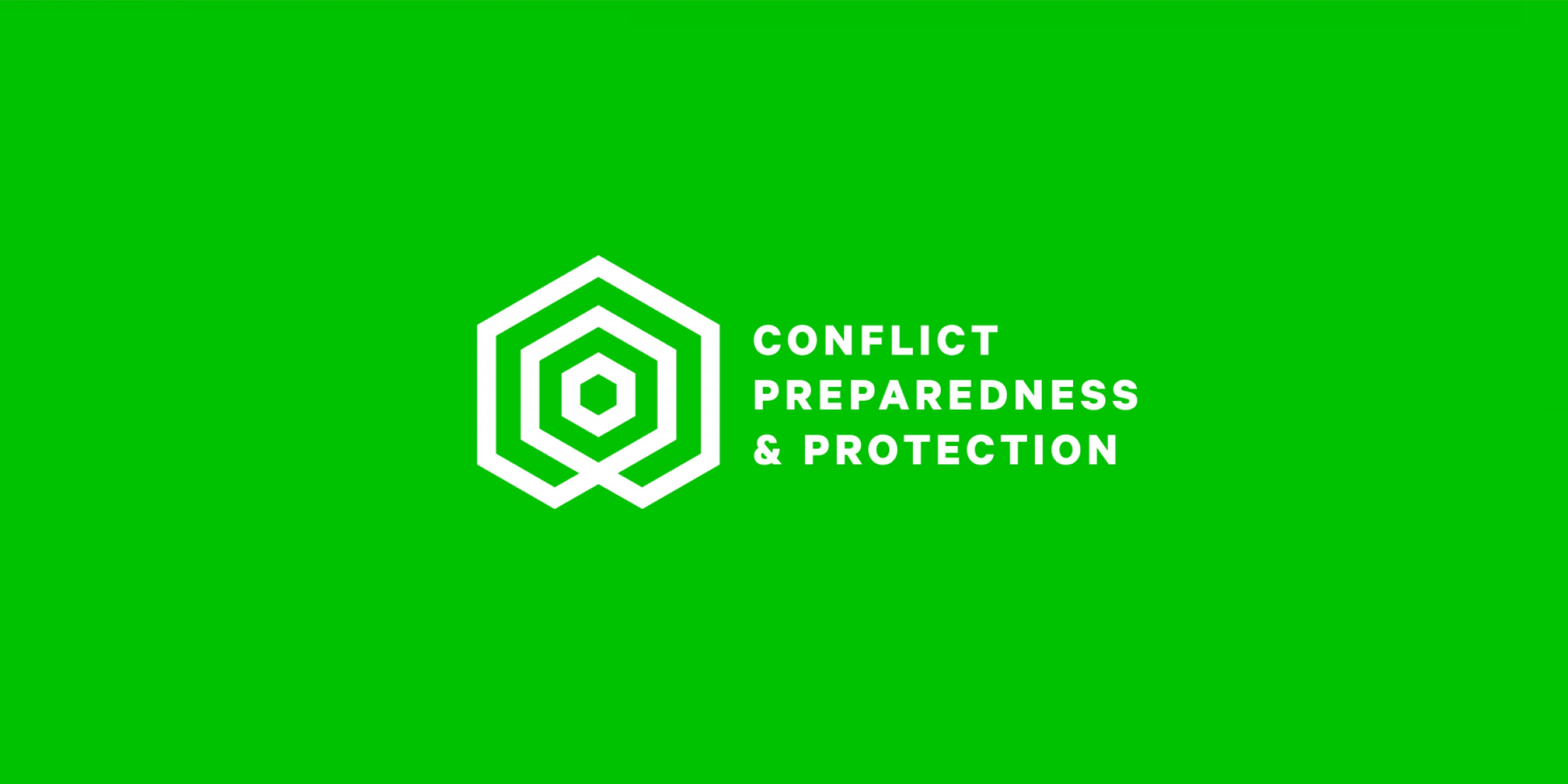 The image features a green background with a white hexagonal logo containing multiple concentric lines. To the right of the logo, white text reads "CONFLICT PREPAREDNESS & PROTECTION.
