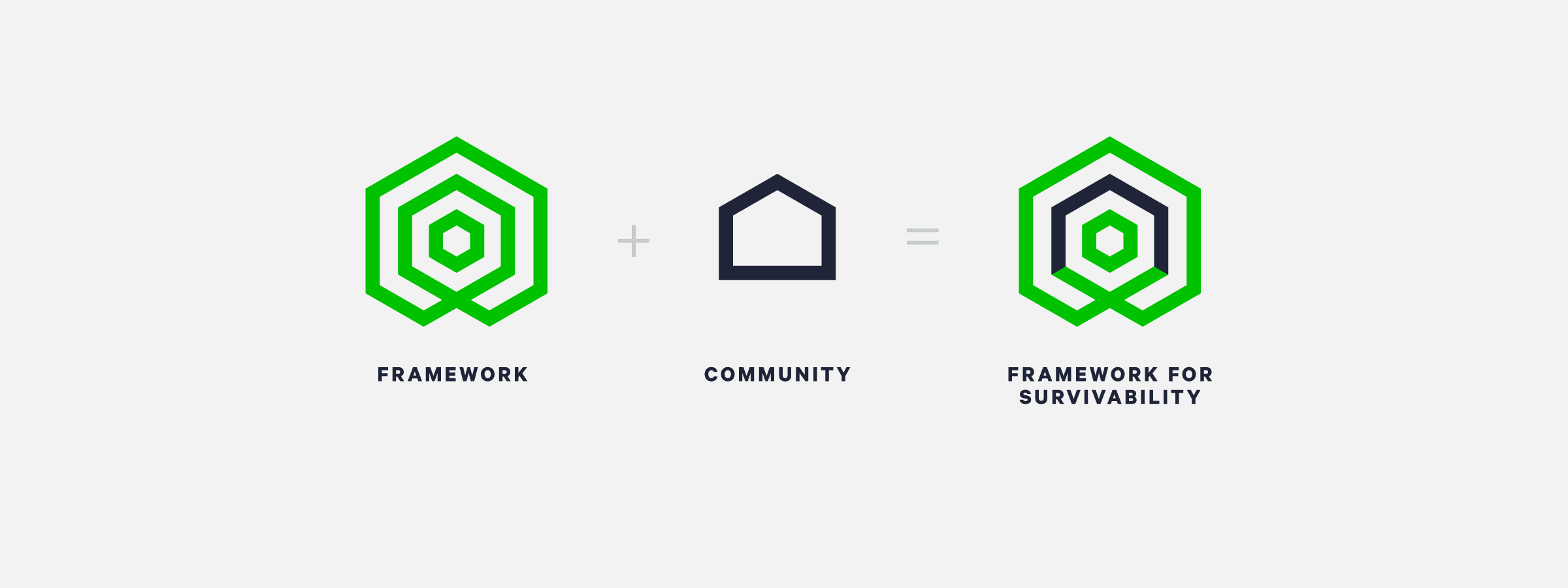 Graphic depicting a framework (hexagon design) plus a community (house icon) equal to a framework for survivability (combined hexagon and house design). Text reads "Framework," "Community," and "Framework for Survivability.