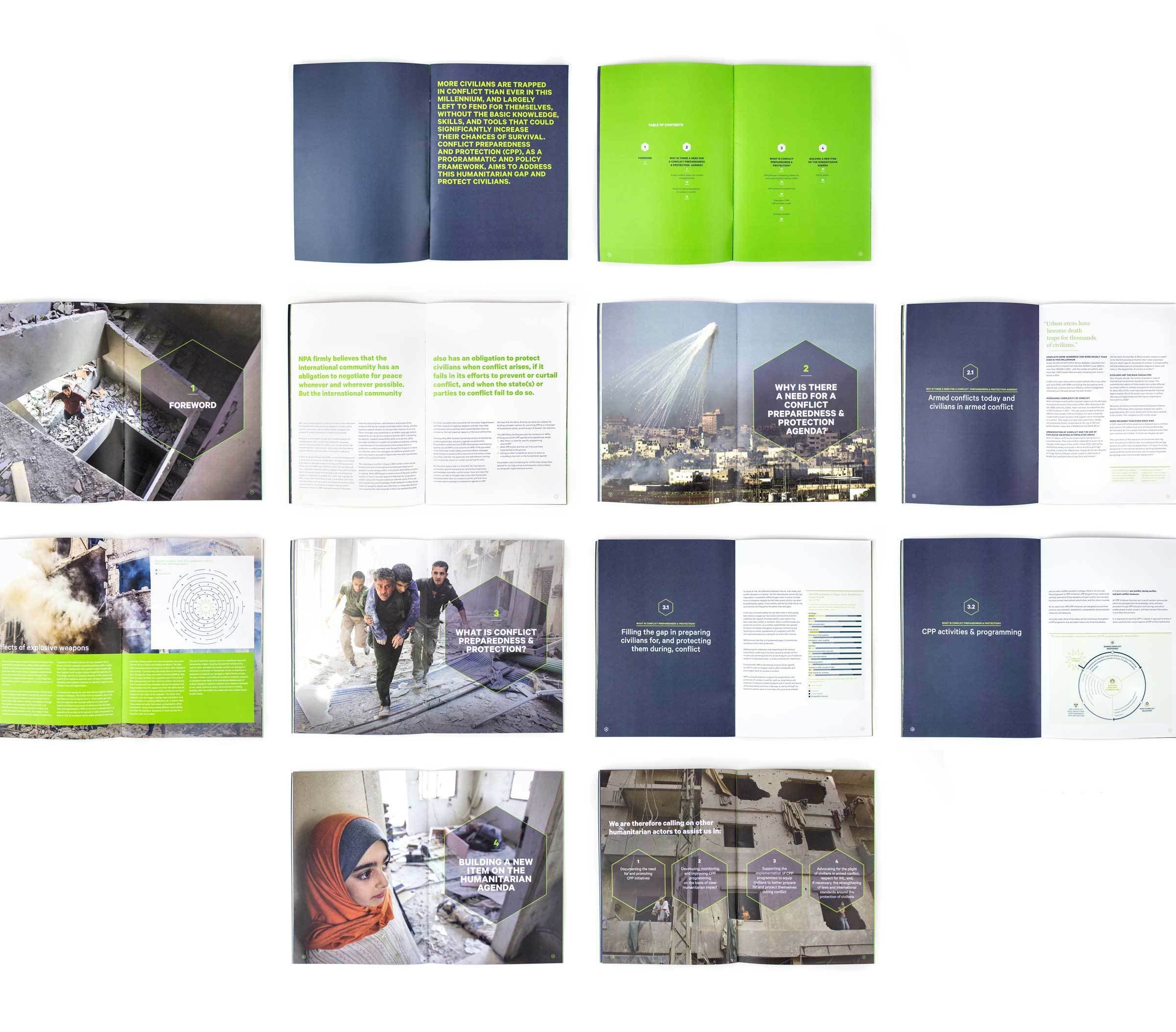 An image of an open book with multiple pages visible. The pages contain a mix of text and images, predominantly in green, grey, and white. Sections feature photographs of urban scenes and graphs. Text includes headings, paragraphs, and bullet points.