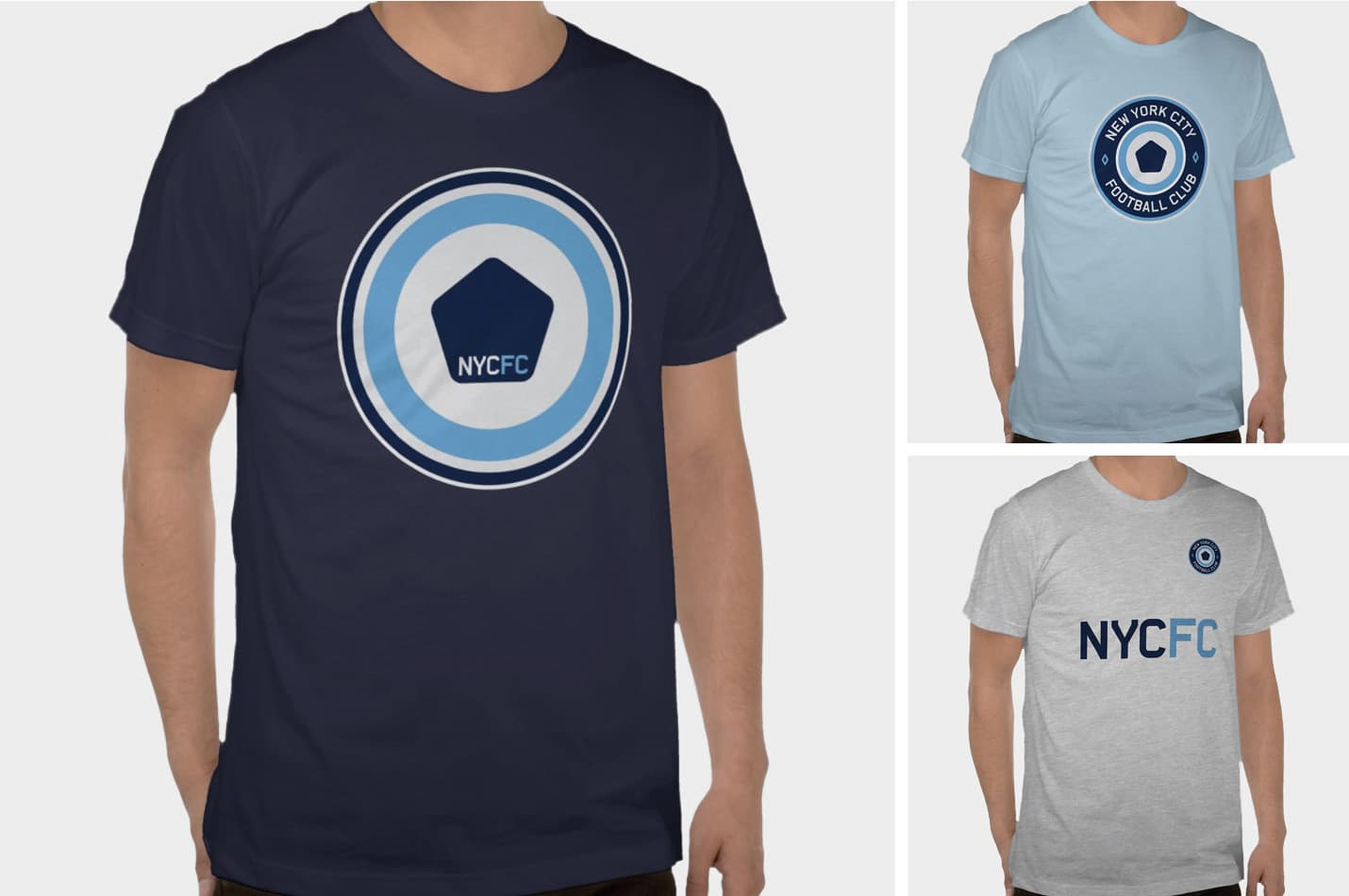 Three men are wearing different NYCFC (New York City Football Club) t-shirts. The left man wears a navy blue shirt, the top right man wears a light blue shirt, and the bottom right man wears a gray shirt. Each shirt displays a version of the NYCFC logo.