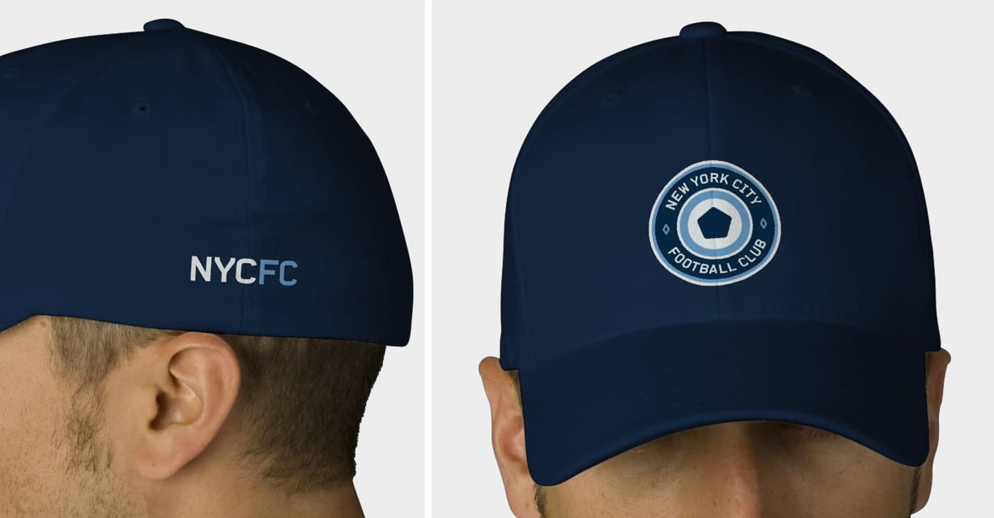 Split image: Left side shows the back of a navy blue baseball cap with "NYCFC" embroidered in white. Right side shows the front of the same cap with the "New York City Football Club" logo embroidered in white and blue.