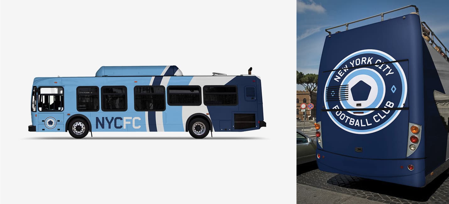 A side view of a blue and white NYCFC branded bus is shown on the left. The bus features the NYCFC logo and text. On the right, the back view of the same bus displays a large NYCFC logo with a hexagonal soccer ball design and the full name "New York City Football Club.