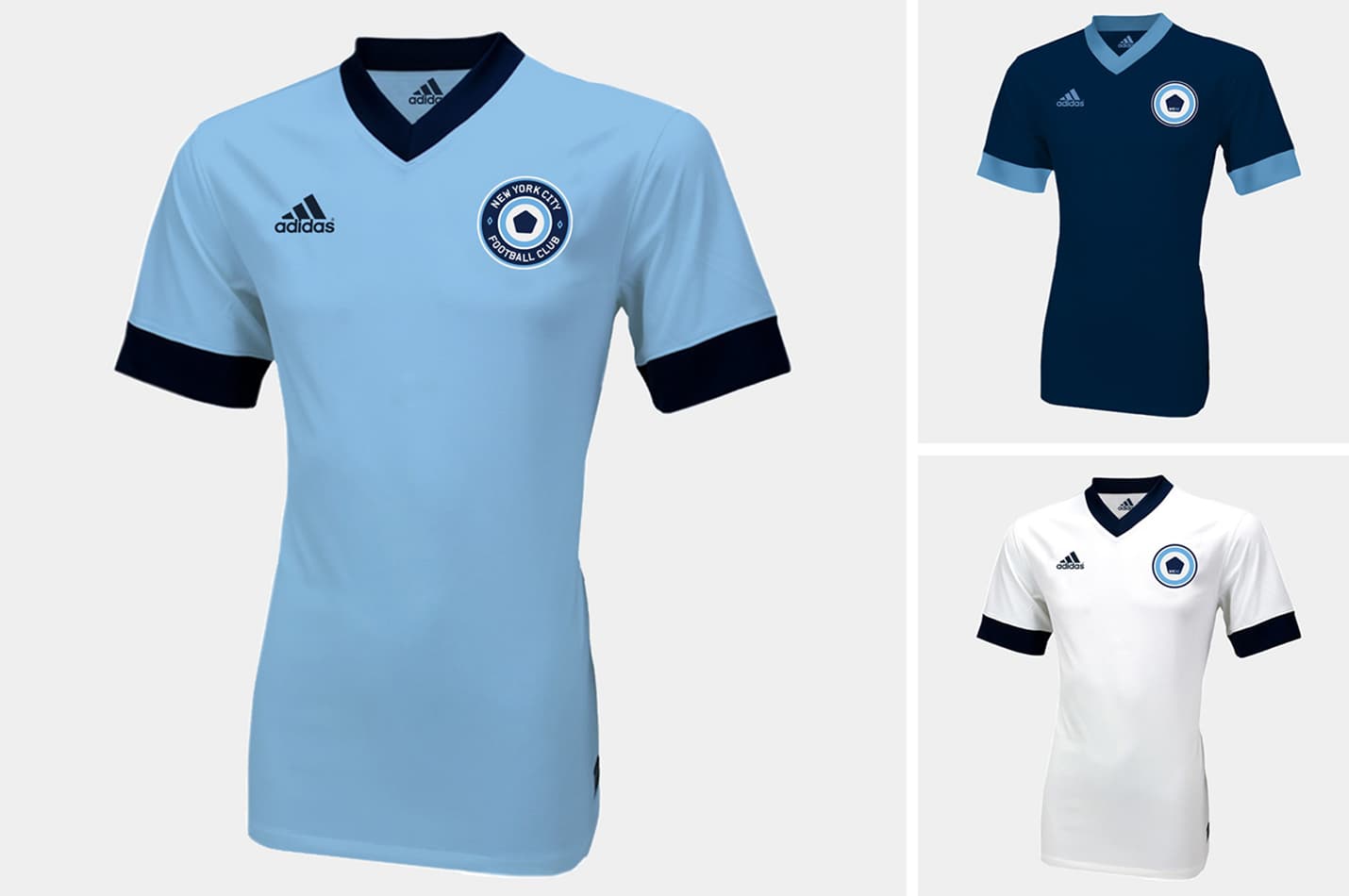 Three soccer jerseys: one is light blue with black trim; one is dark blue with light blue trim; and one is white with black trim. Each jersey displays a circular logo on the left chest and an Adidas logo on the right chest.