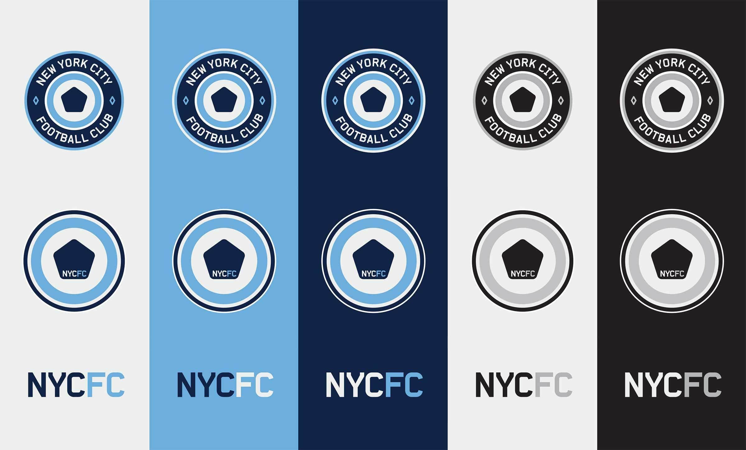 Five variations of the New York City Football Club logo and text in different color schemes. Each column shows a circle with "New York City Football Club" at the top of the circle, a pentagonal shape in the center, and "NYCFC" text below. The logos are in blue, white, black, and gray.