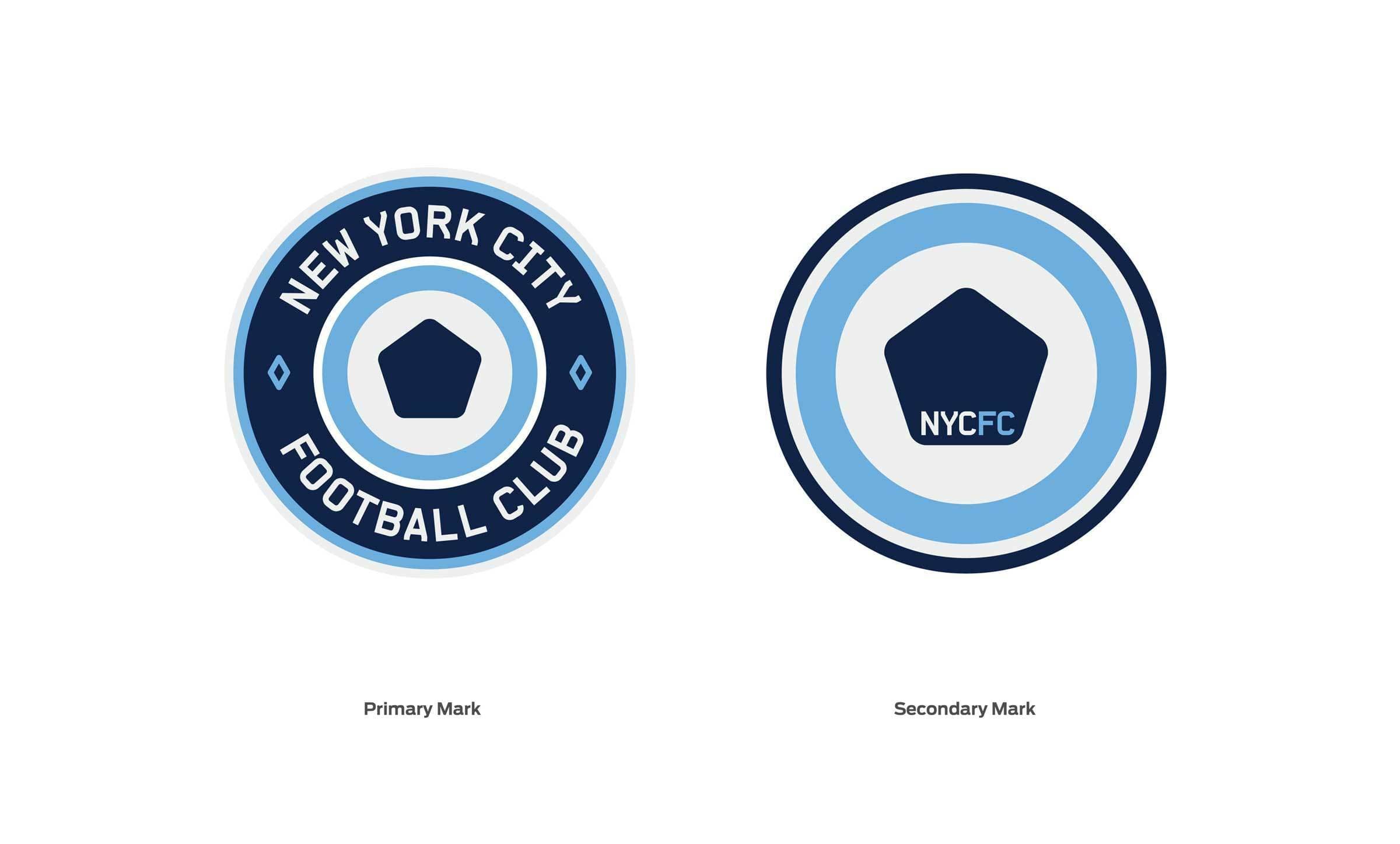 Two circular logos for the New York City Football Club are shown. The primary mark features a hexagon and "New York City Football Club" written around it. The secondary mark has a simpler design with "NYCFC" in the center of a hexagon.