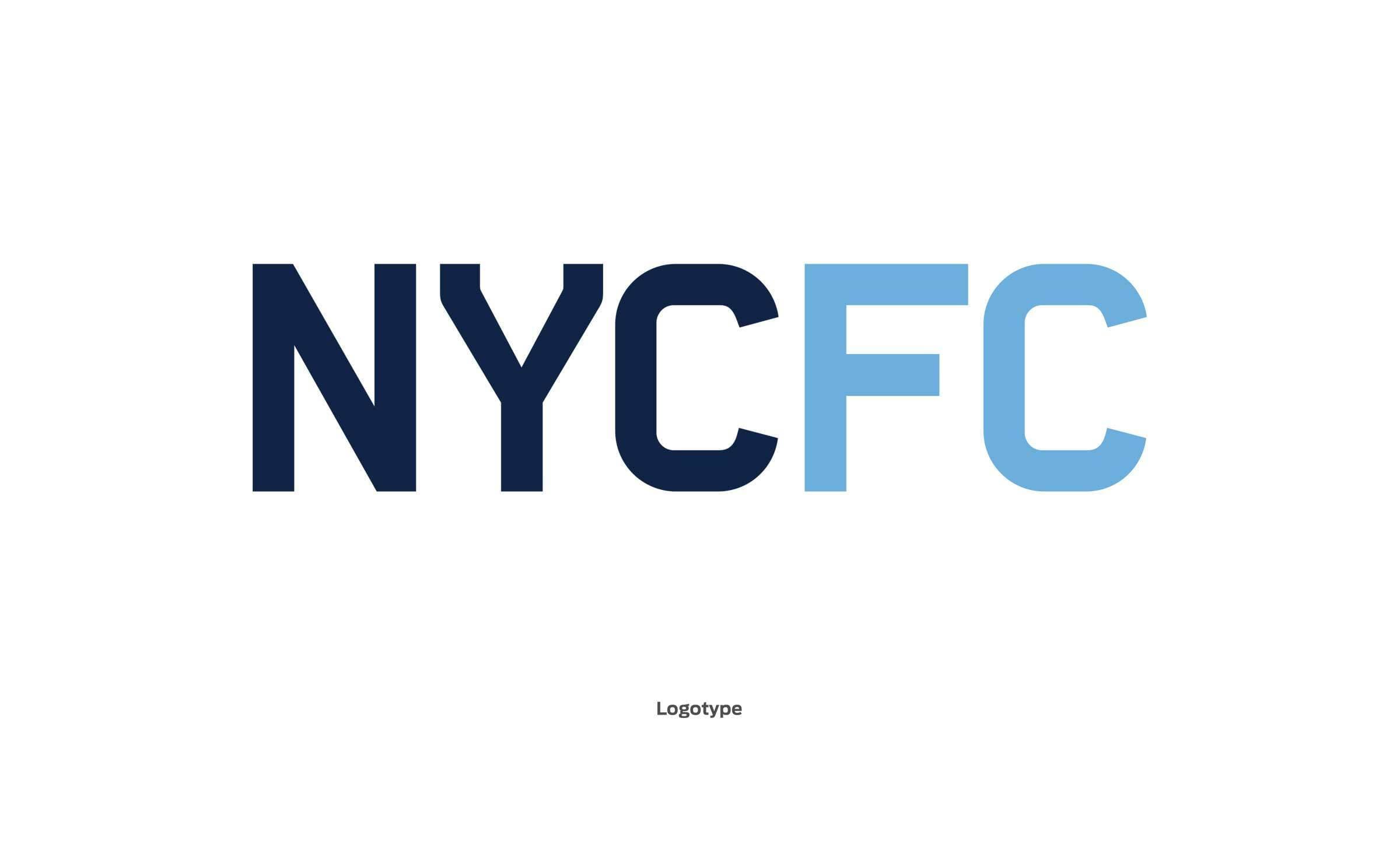 The image shows the logotype for NYCFC, featuring large, bold letters "NYC" in dark blue and "FC" in light blue against a white background. Below the logo, the small text reads "Logotype.