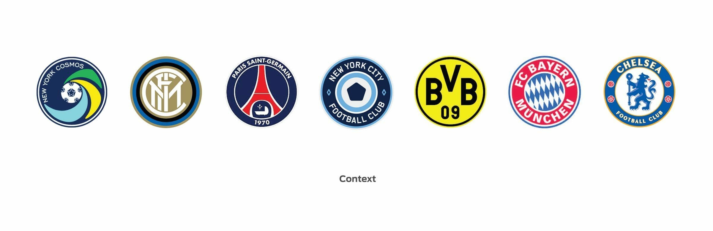 Image displaying seven football club logos. From left to right: New York Cosmos, Inter Milan, Paris Saint-Germain, New York City Football Club, Borussia Dortmund, Bayern Munich, and Chelsea. The word "Context" is written below the logos.