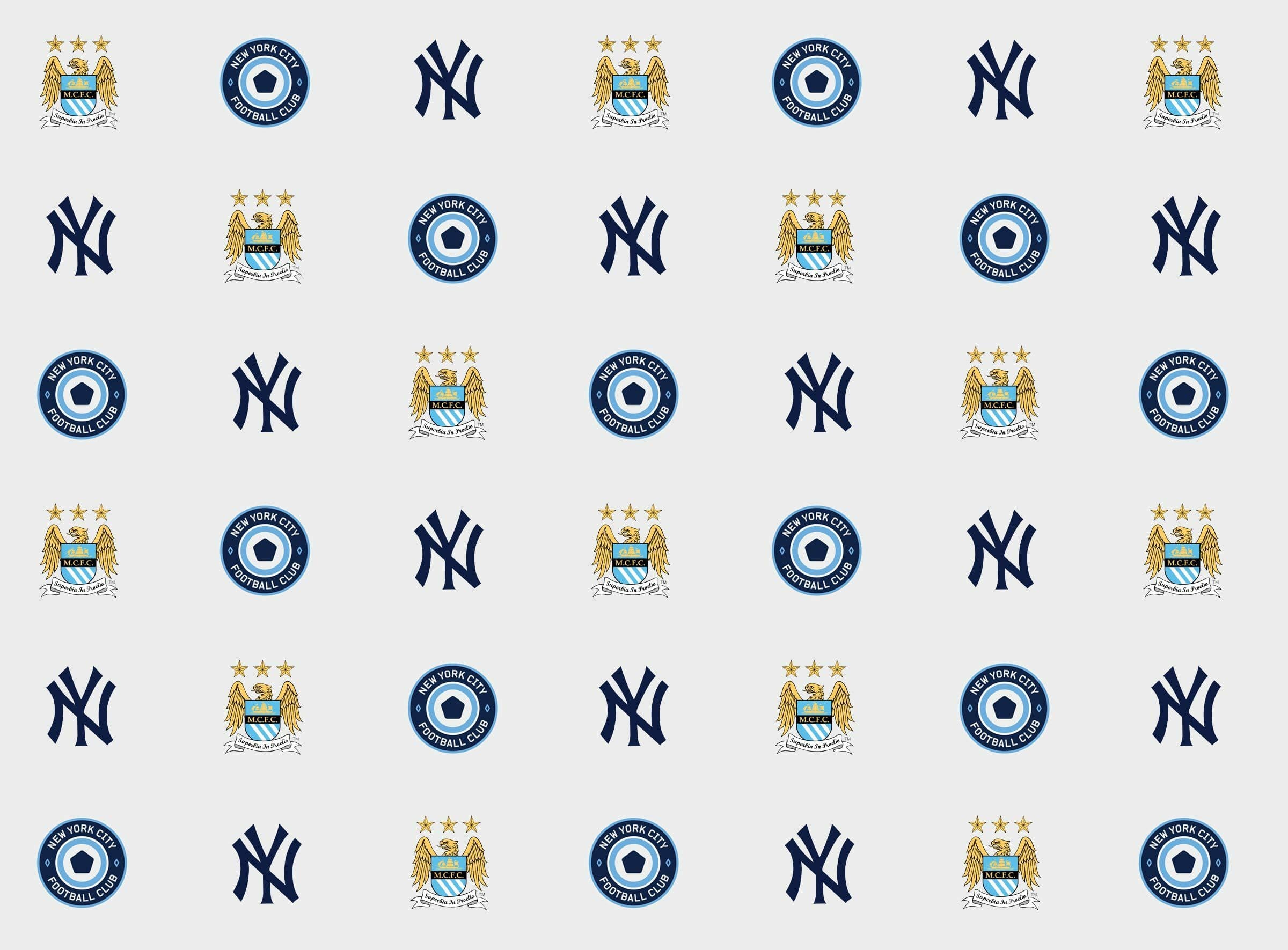 Pattern of alternating logos of Manchester City Football Club and the New York Yankees baseball team, including their team crests, logos, and the Manchester City stars. The background is white and the logos are arranged in a grid format.