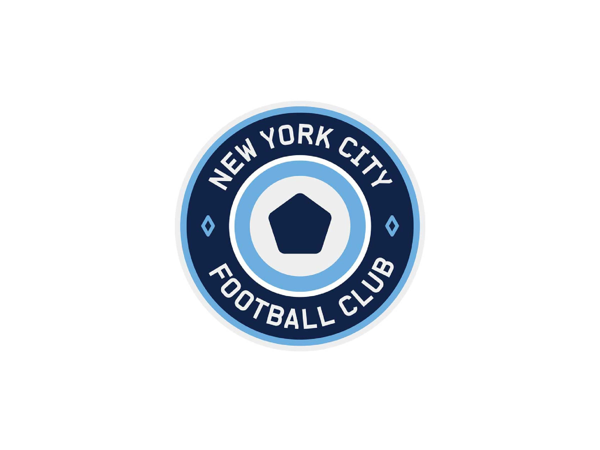 The image shows the New York City Football Club logo. It features a circle with "New York City Football Club" written around the edge in white text on a navy blue background. The center contains a smaller sky blue circle with a navy blue pentagon in the middle.