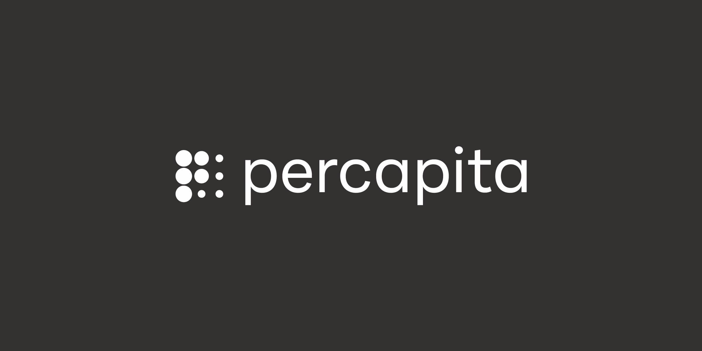 A logo on a dark gray background featuring a grid of nine white dots forming a square on the left and the word "percapita" in white, modern, lowercase letters on the right.