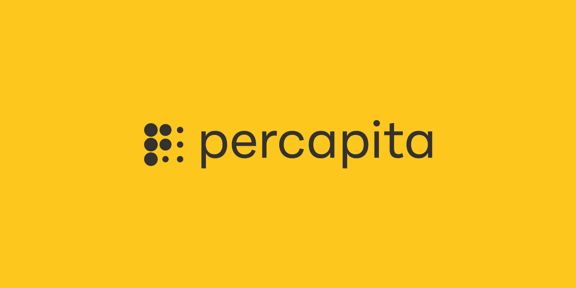 Percápita logo featuring a modern, black sans-serif font on a bright yellow background. To the left of the text, there is a grid of nine black dots arranged in a 3x3 square pattern.