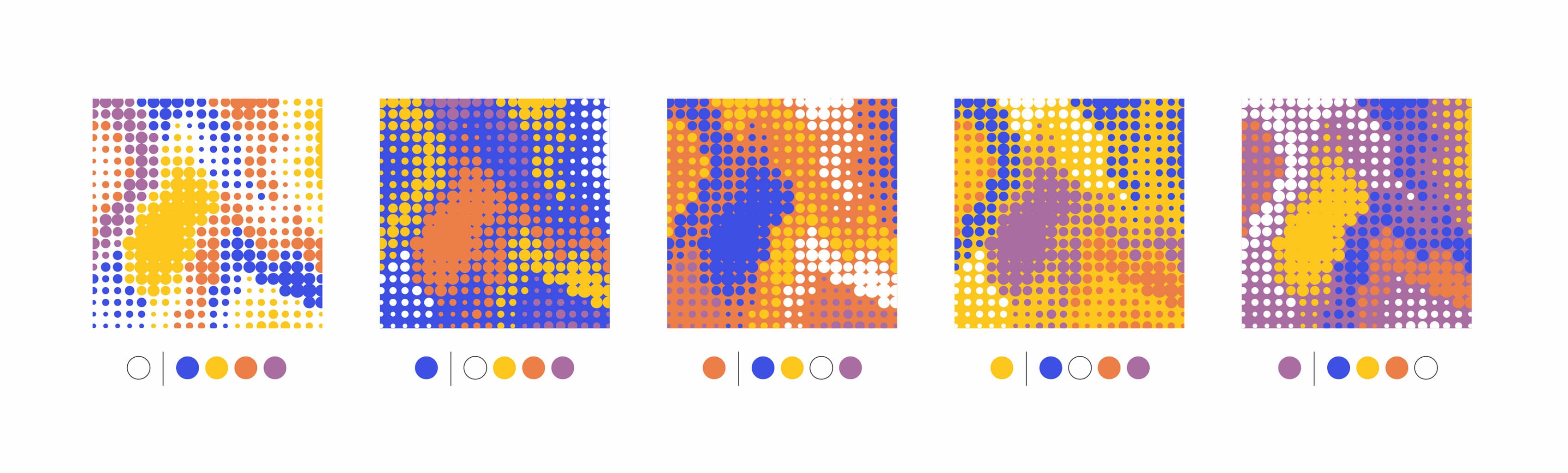 Five abstract square designs are displayed in a row, each composed of small, multicolored dots forming diverse patterns. The color palette includes blue, orange, and yellow dots. Below each design is a series of colored dots as a key, explaining the colors used.