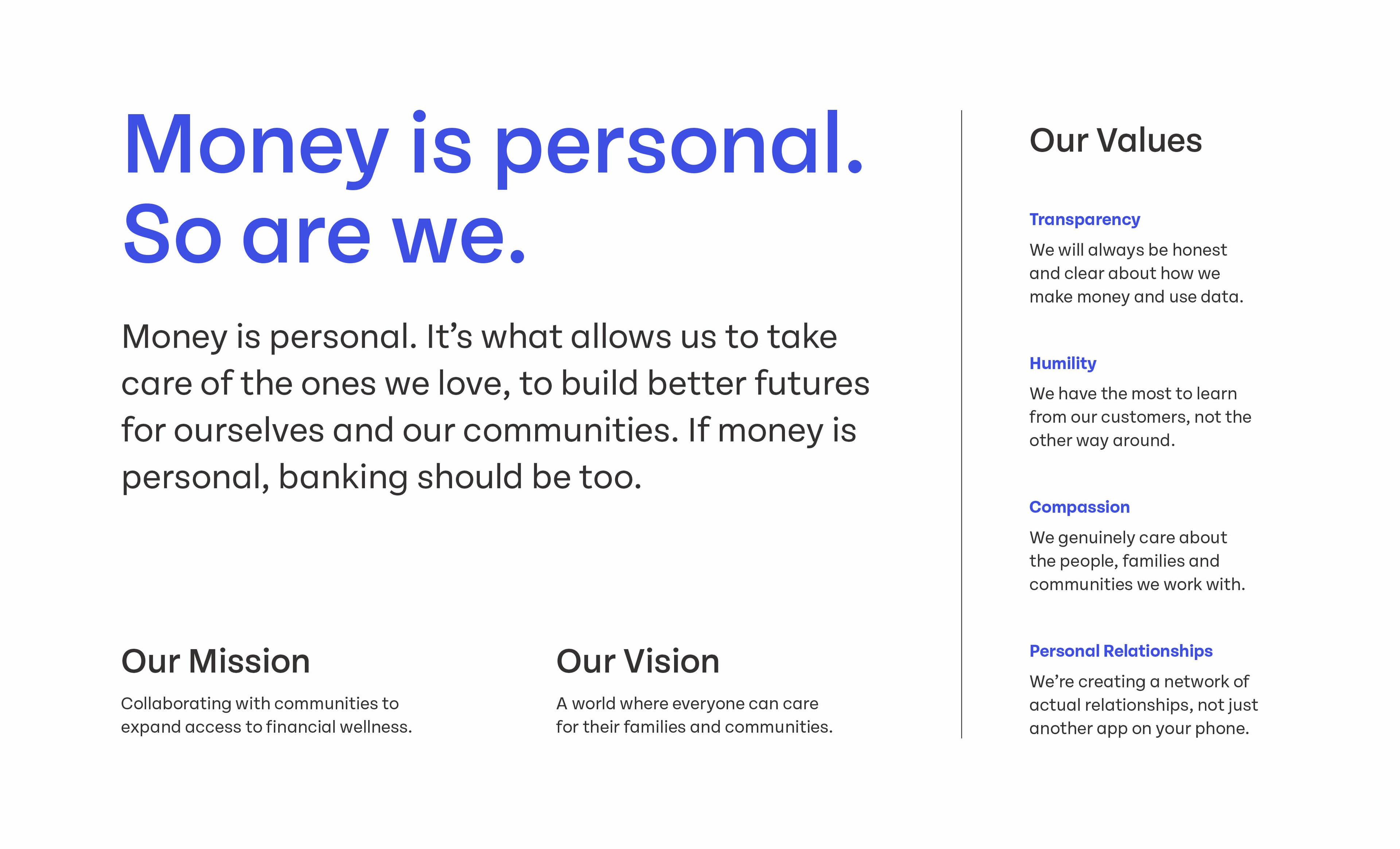 An infographic featuring the message "Money is personal. So are we." in large blue text. It includes sections on the left with a mission statement and vision, and on the right, a column listing company values: Transparency, Humility, Compassion, and Personal Relationships.