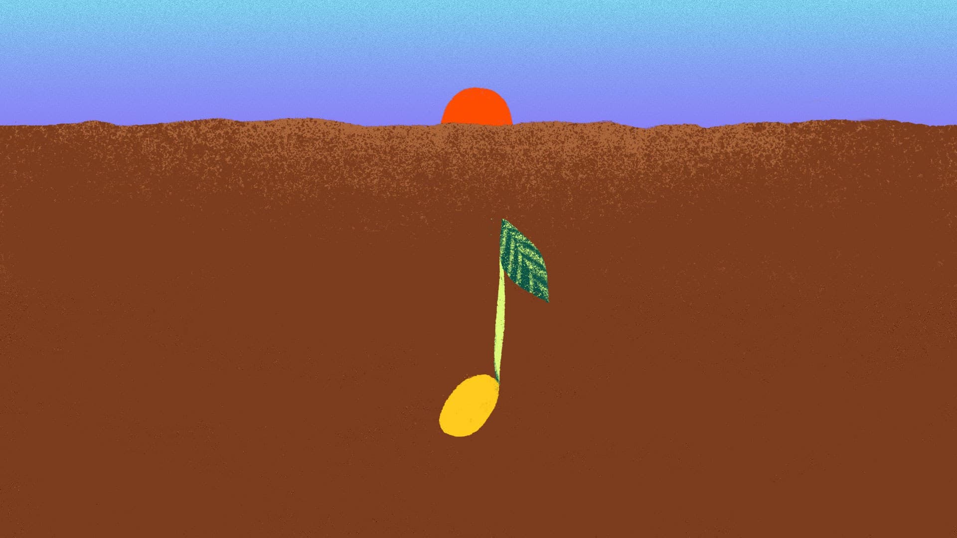 A stylized image of a sunset over a brown landscape, with a large musical note embedded in the ground. The note’s stem has a green leaf, resembling a plant sprouting from the soil.