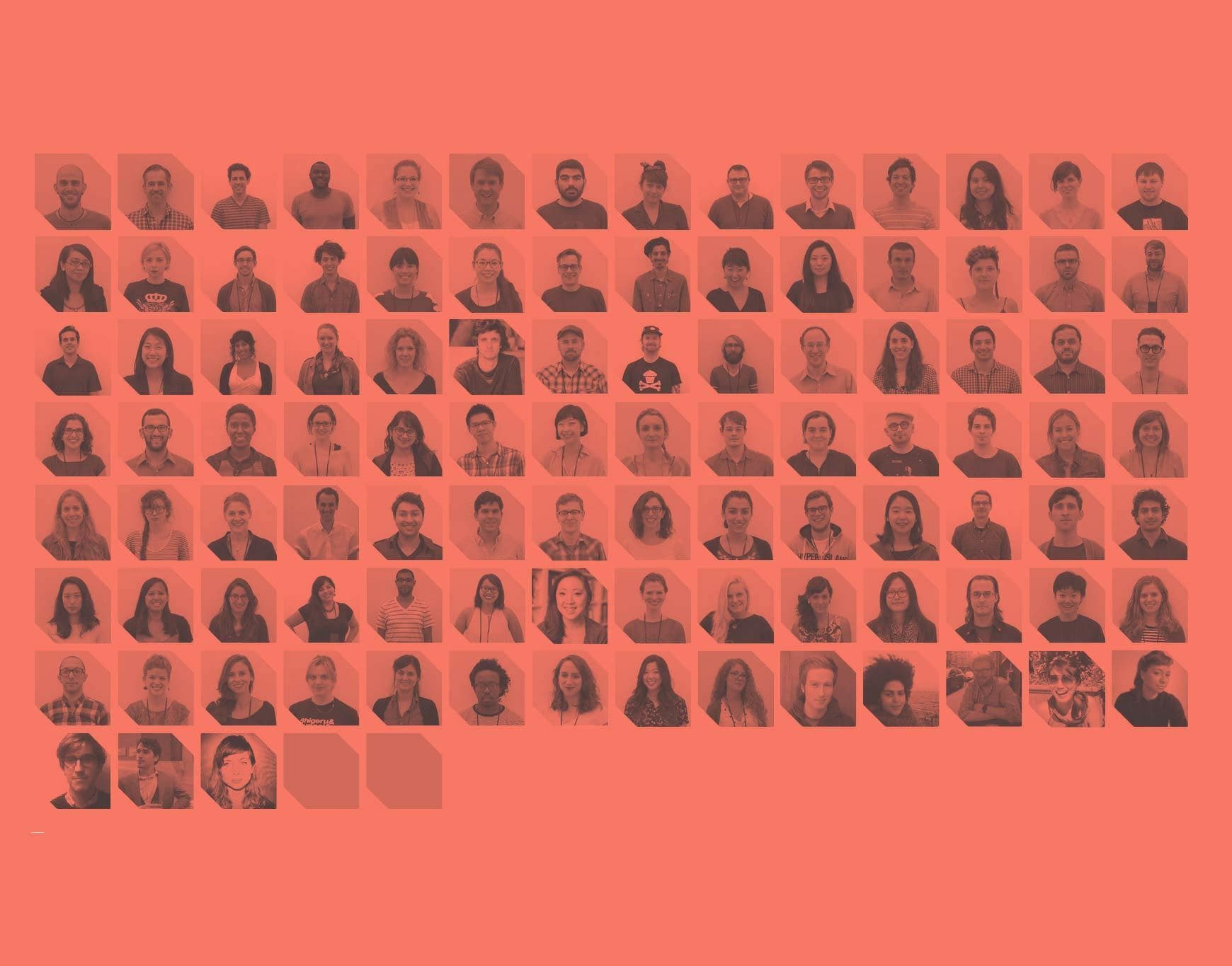 A collage of 83 individual portraits arranged in a grid on a red background. Each person is shown from the shoulders up, with varying expressions and poses. The images are evenly spaced and aligned in a rectangular formation.