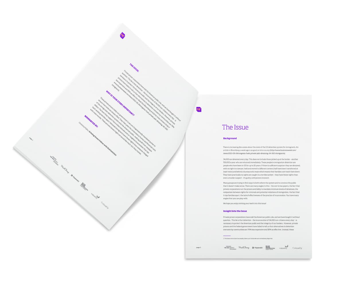 An open booklet with white pages lies on a white surface. The left page contains multiple sections of text, while the right page is titled "The Issue" and is filled with text. Both pages have headings in purple and body text in black.