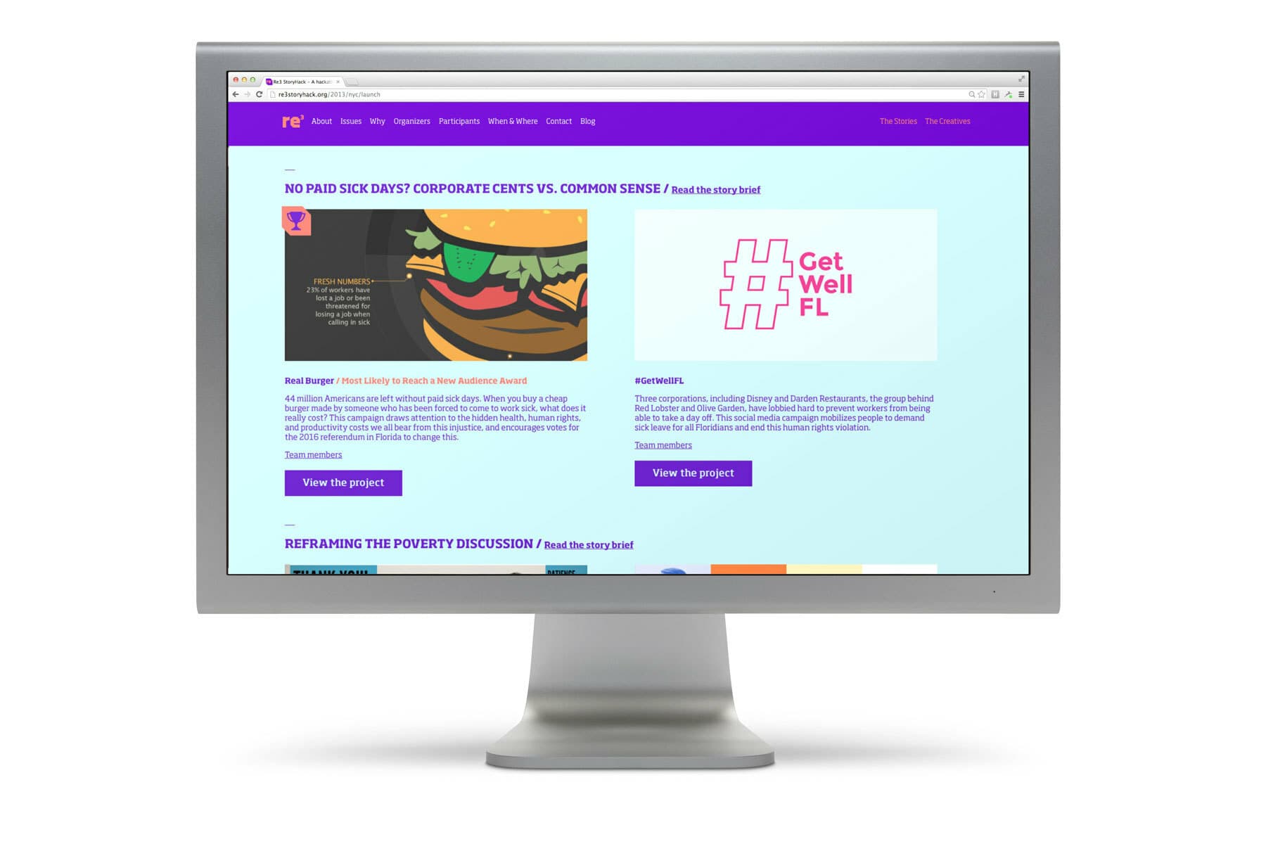 A computer monitor displaying a website with a bright purple theme. The webpage features various sections, including an article about paid sick days with an image of a burger, and a hashtag "#Get Well FL". There are buttons labeled "View the project".