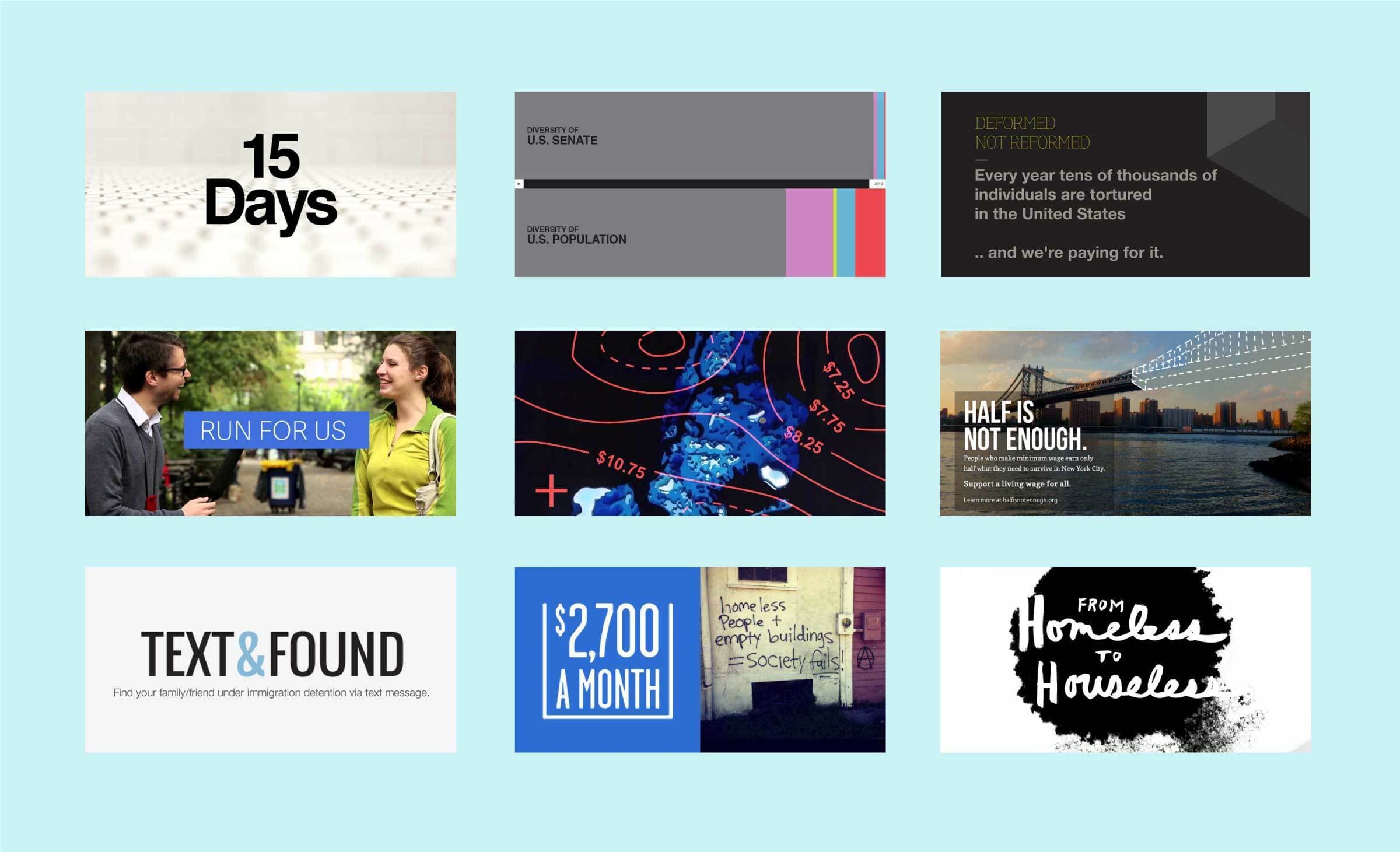 A grid layout with nine different campaign images. Each image contains various public issue messages and designs, including topics like US Senate, torture awareness, running for office, healthcare, financial costs, and homelessness.