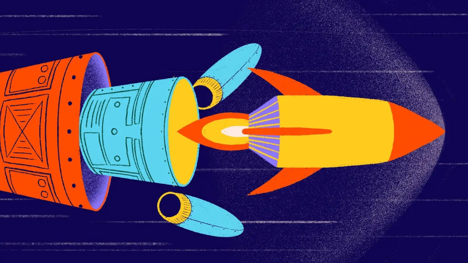 Illustration of a yellow and orange rocket separating from a blue and orange booster in space, with flames coming from the rocket’s engine against a dark blue background.