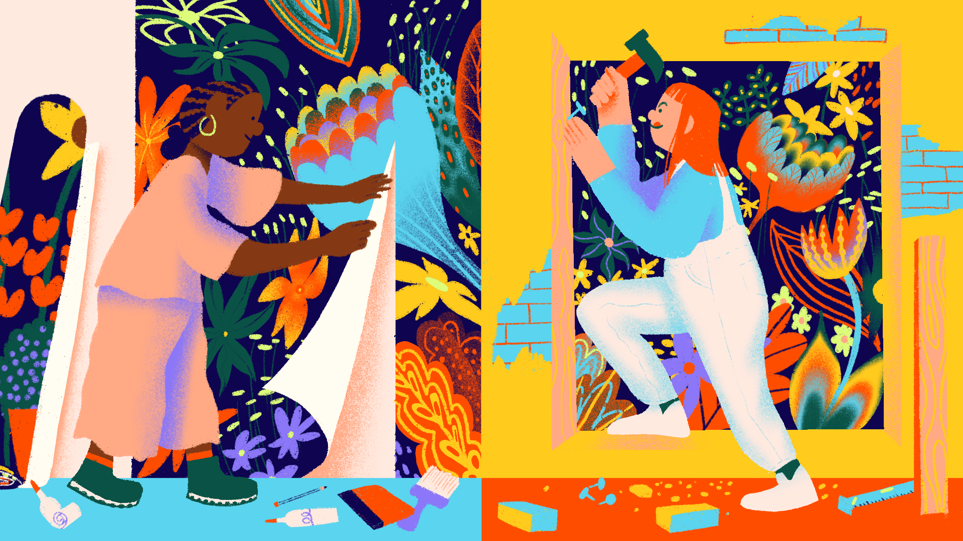 A vibrant illustration depicts two people working on colorful murals. On the left, a person in a pink outfit places paper on a floral background. On the right, another person in blue overalls and a red hat hammers nails. The scene is filled with lively patterns and plants.