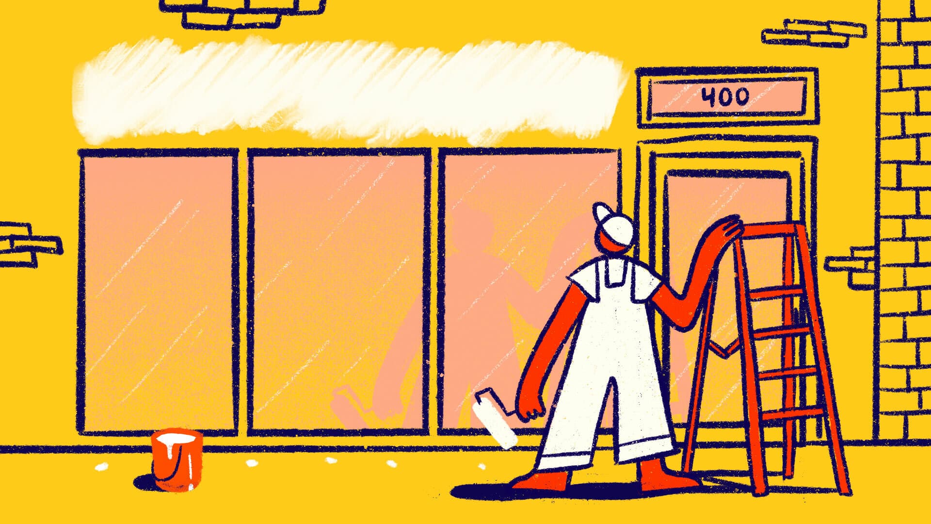 Illustration of a painter in white overalls and a cap, standing next to a building with large windows. The painter, holding a paint roller and leaning against a ladder, appears to be painting the wall above the windows. A paint can is on the ground nearby.