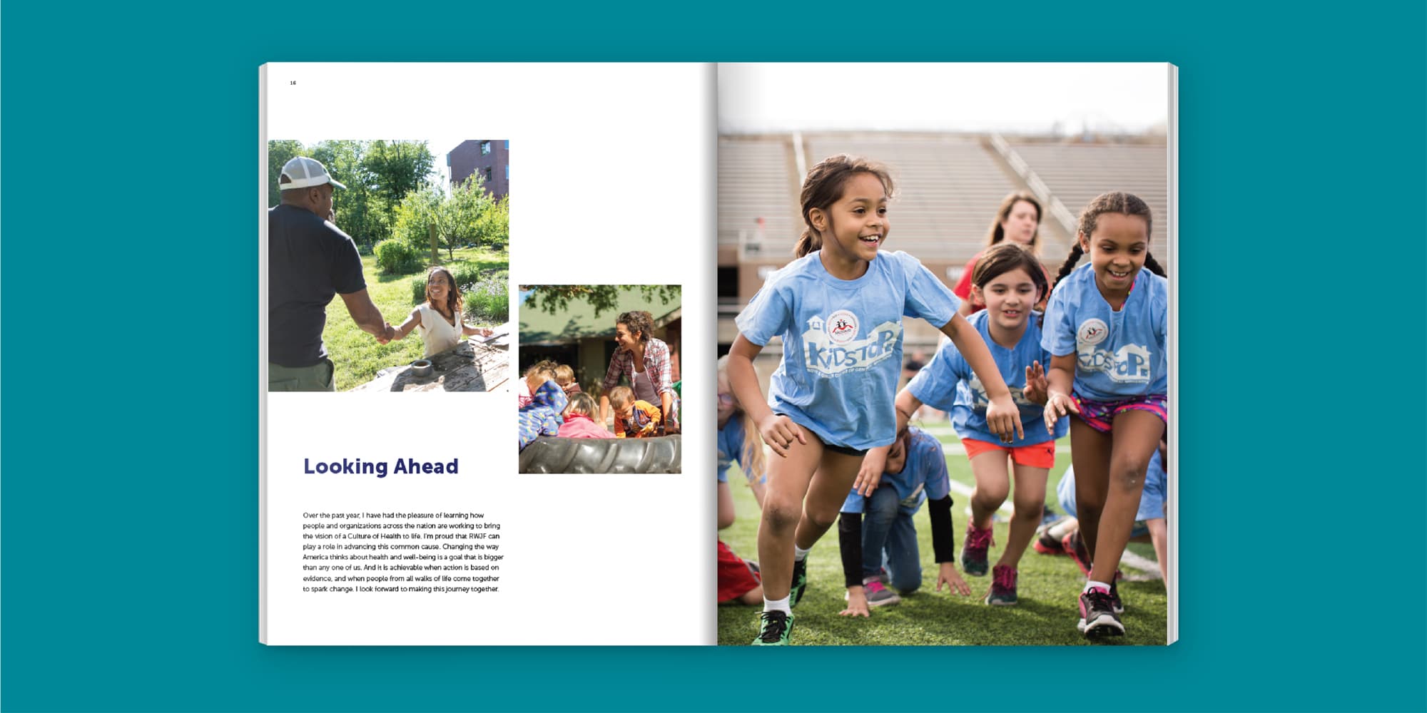 An open magazine on a teal background. The left page has text titled "Looking Ahead" with photos of people participating in outdoor activities. The right page features children in blue shirts, smiling and running on a sports field.