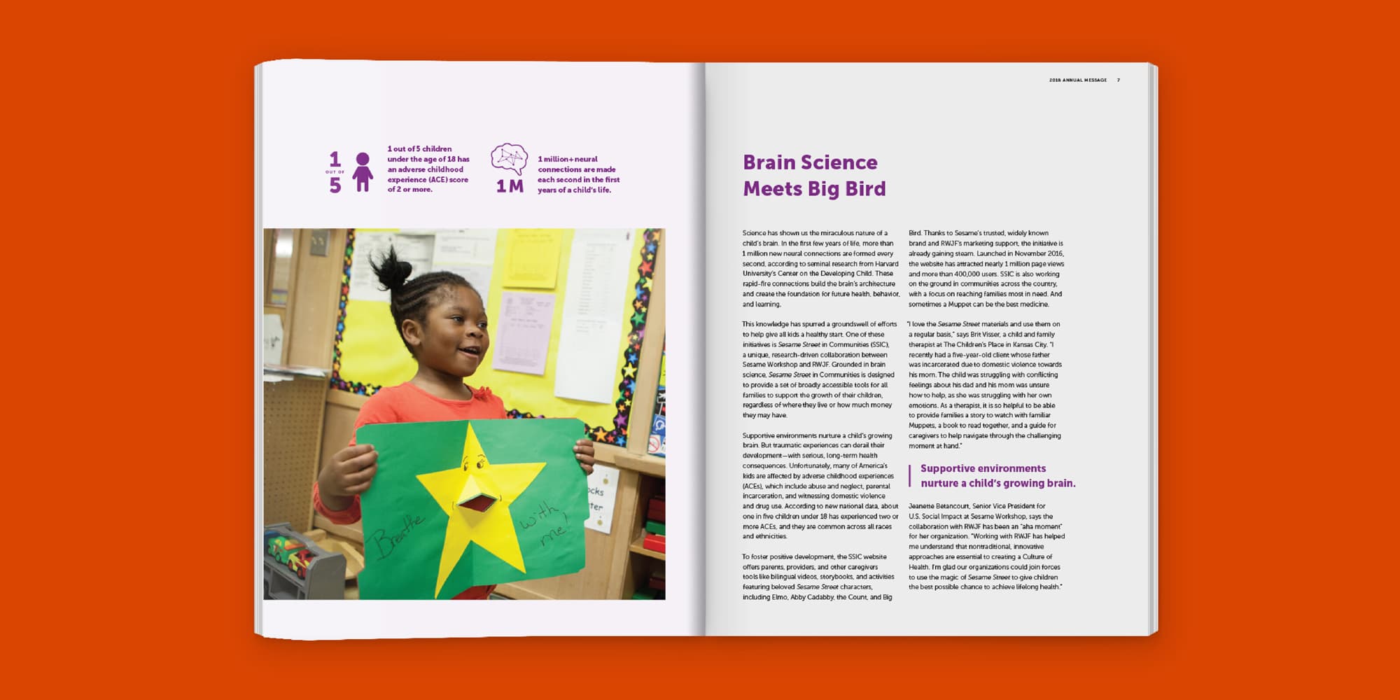 A magazine spread features an article titled "Brain Science Meets Big Bird." On the left page, a child holds a green paper with a yellow star and a cutout. Above, stats indicate, "1 in 5 kids" and "more than 1M," showing educational impact. The right page contains text.