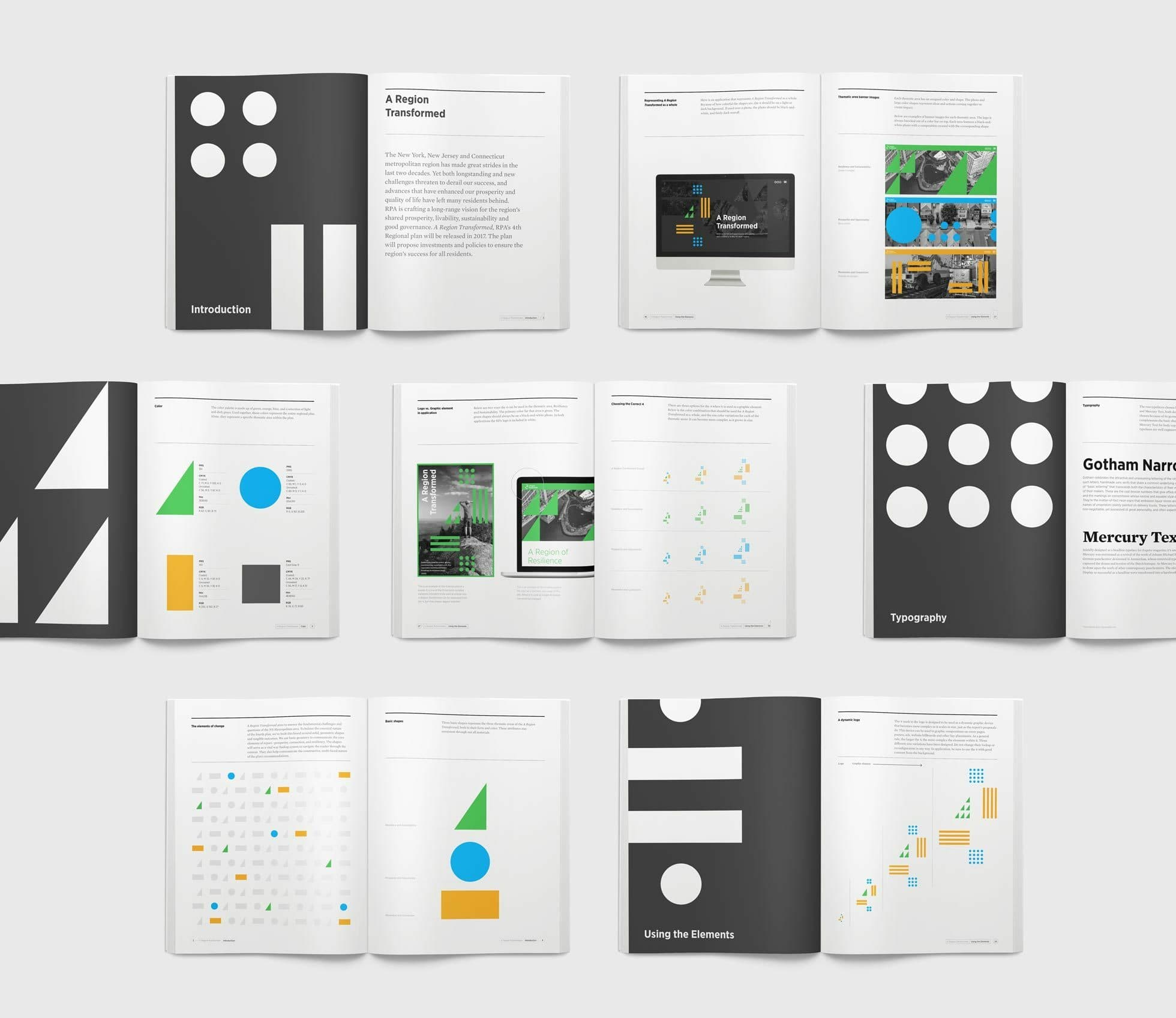 Three rows of open books displayed with pages facing up, showing various designs and layouts. Pages contain text, colorful graphics with geometric shapes, charts, and images. Themes include introduction, typographic elements, and design guides.