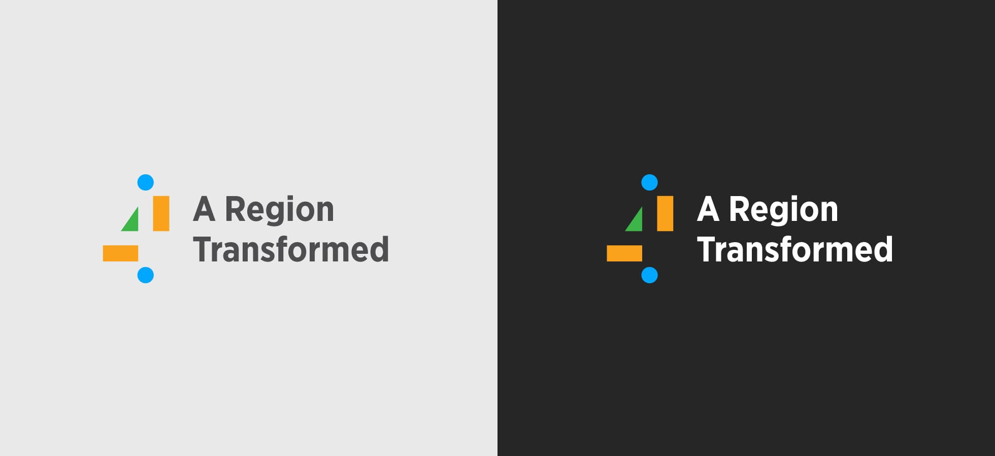 Two versions of a logo are shown side by side. On the left, the logo has a gray background with text that reads "A Region Transformed" in gray. On the right, the same logo appears on a black background with white text. The logo includes geometric shapes and blue dots.