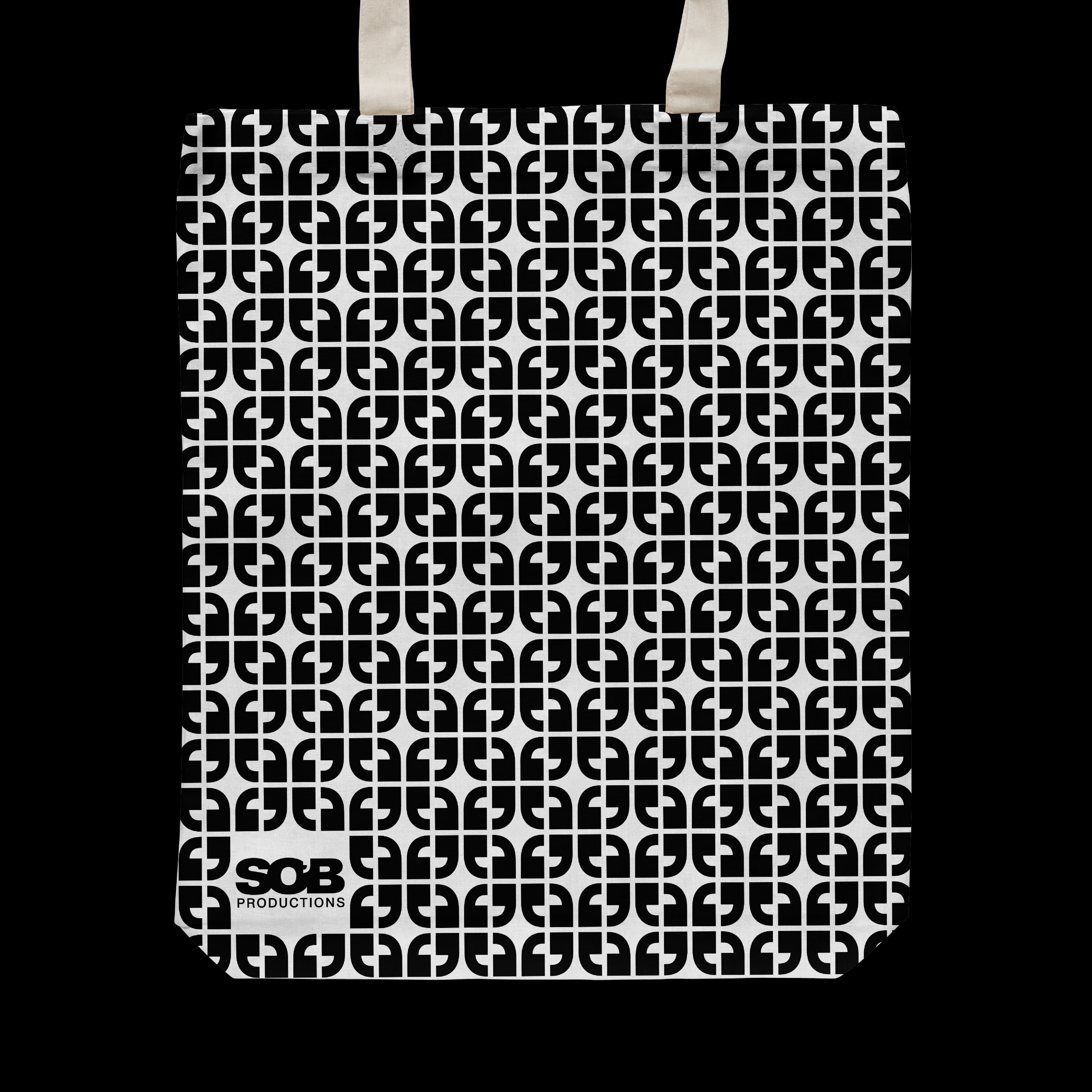 A tote bag with a black and white geometric pattern of interlocking squares and circles. The bag features the text "SOB PRODUCTIONS" in black at the bottom left corner with two beige handles at the top. The background is black.