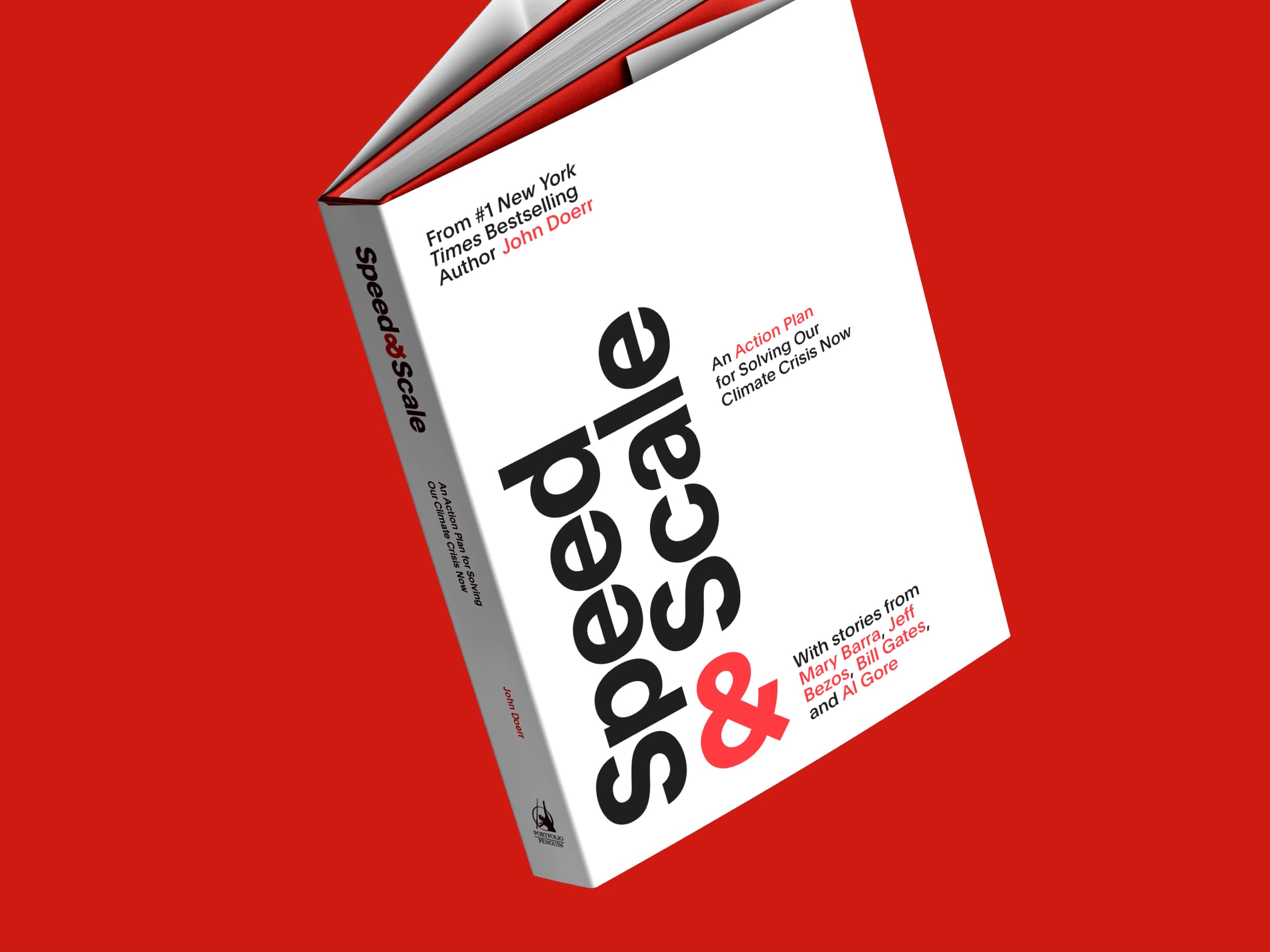 A tilted hardcover book titled "Speed & Scale" by John Doerr has a white cover with bold black and red text. The subtitle reads, "An Action Plan for Solving Our Climate Crisis Now." The background is a solid red color.