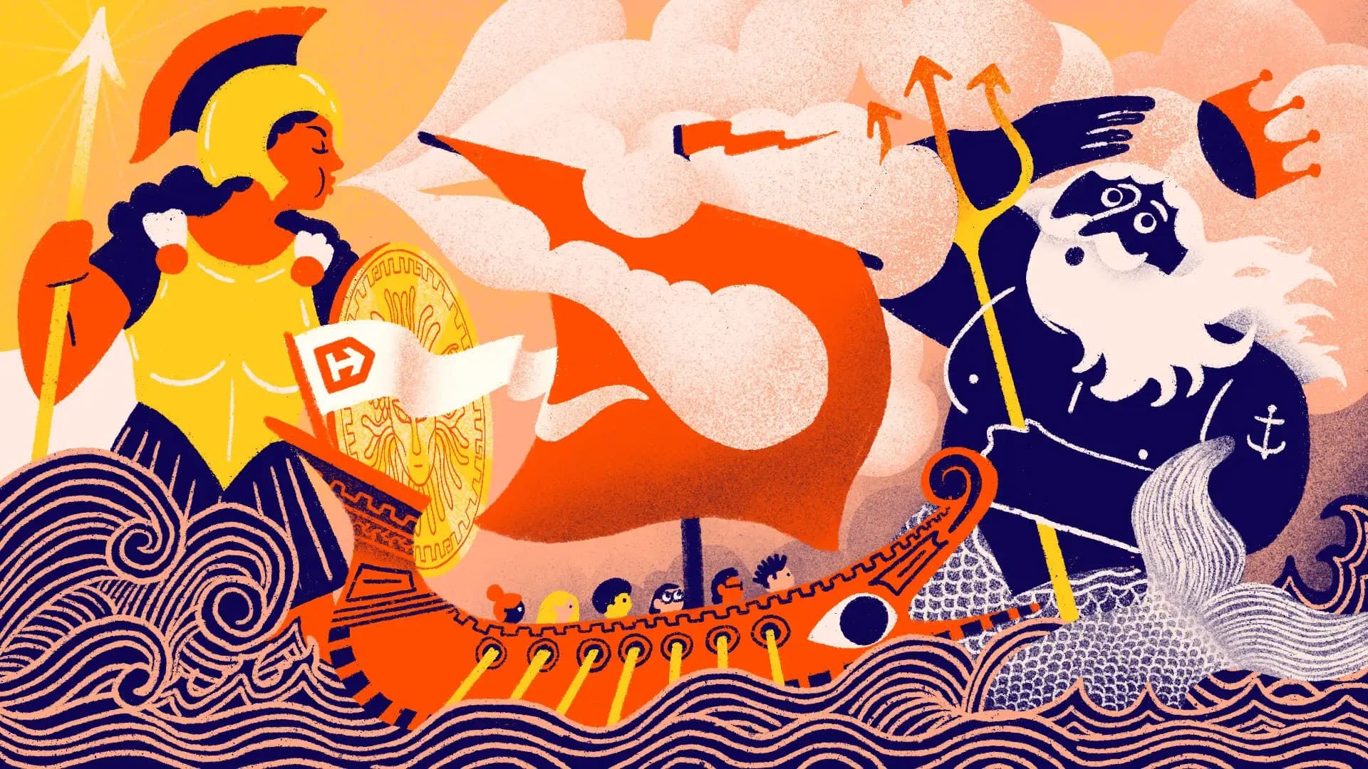 Illustration of a dramatic ocean battle with a heroic figure in golden armor on a ship, holding a shield and spear, confronting a blue sea god wielding a trident and a crown. The scene is vibrant with swirling waves, fiery colors, and dynamic action.